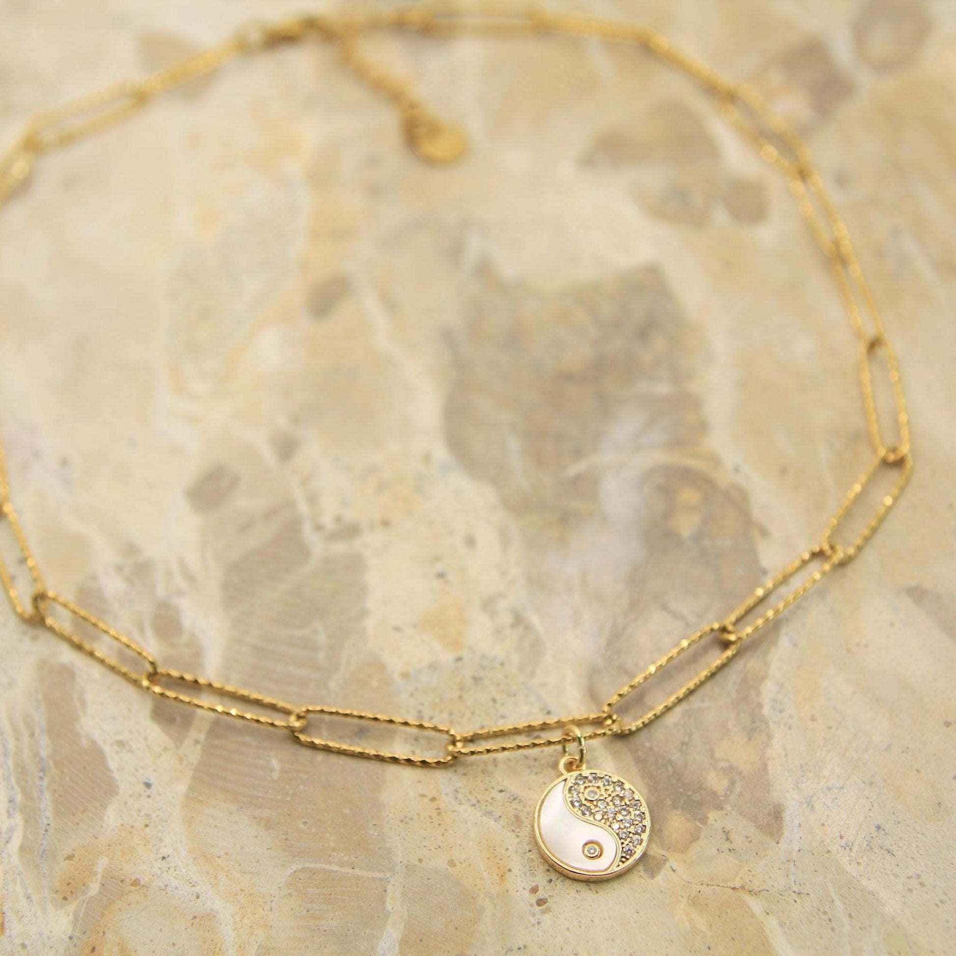 Gold Yin Yang Necklace • Shell & Crystal Charm • Textured Sparkle Chain
