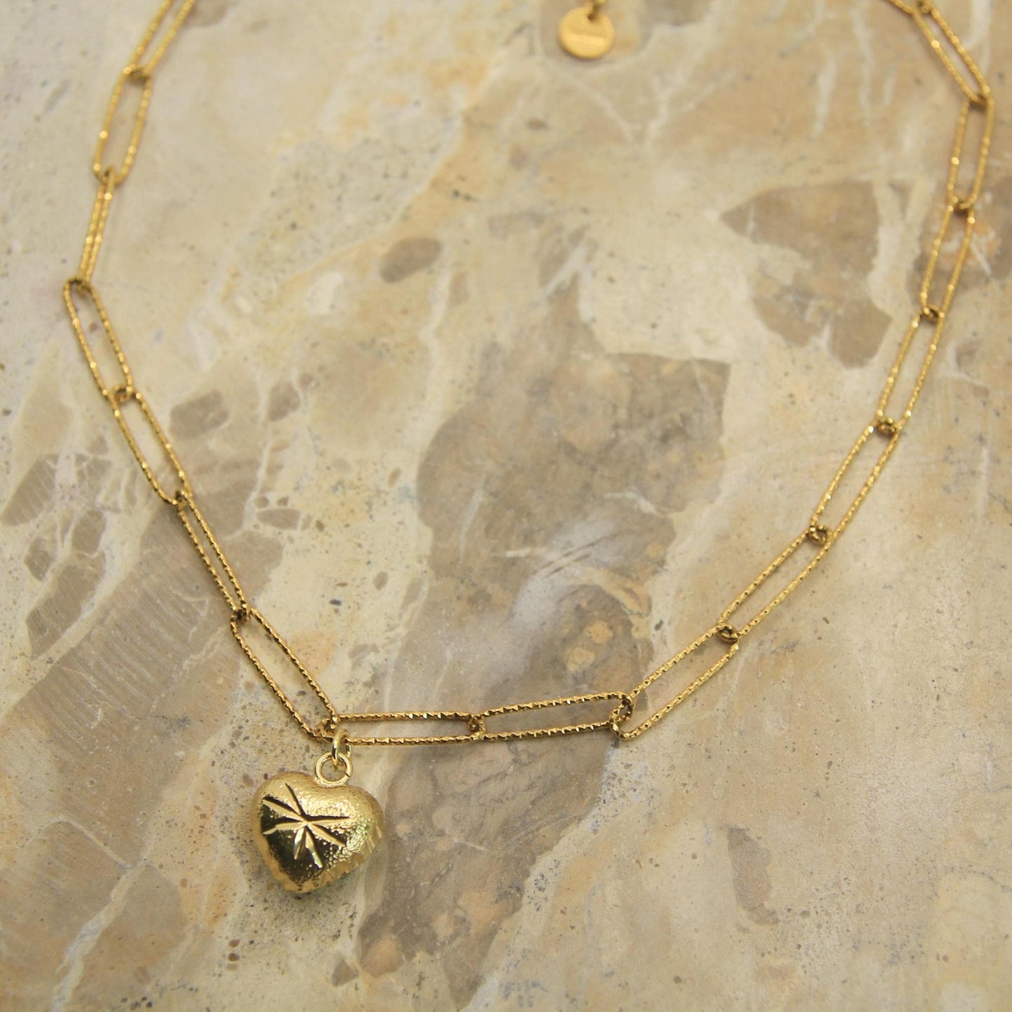 Gold Puffy Heart Necklace • Textured Sparkle Chain • Chunky Gold Heart Charm