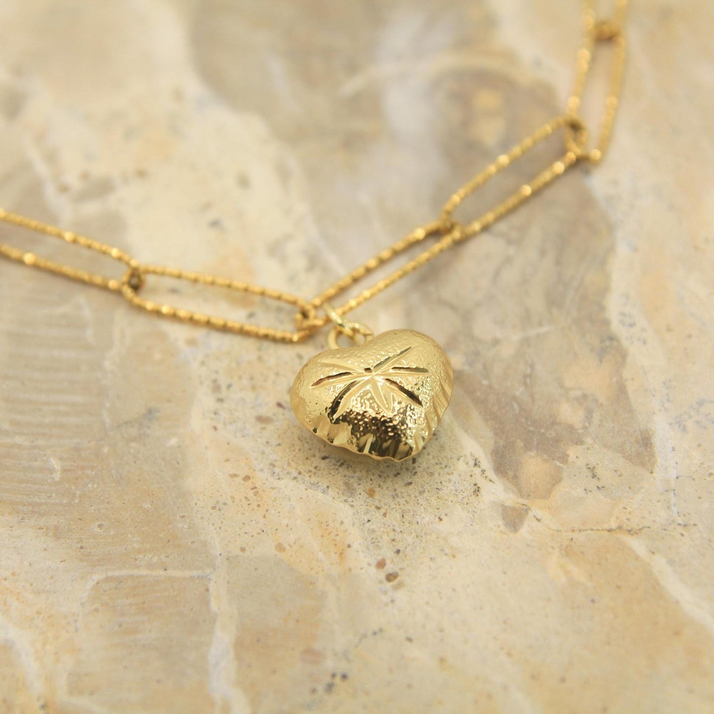 Gold Puffy Heart Necklace • Textured Sparkle Chain • Chunky Gold Heart Charm