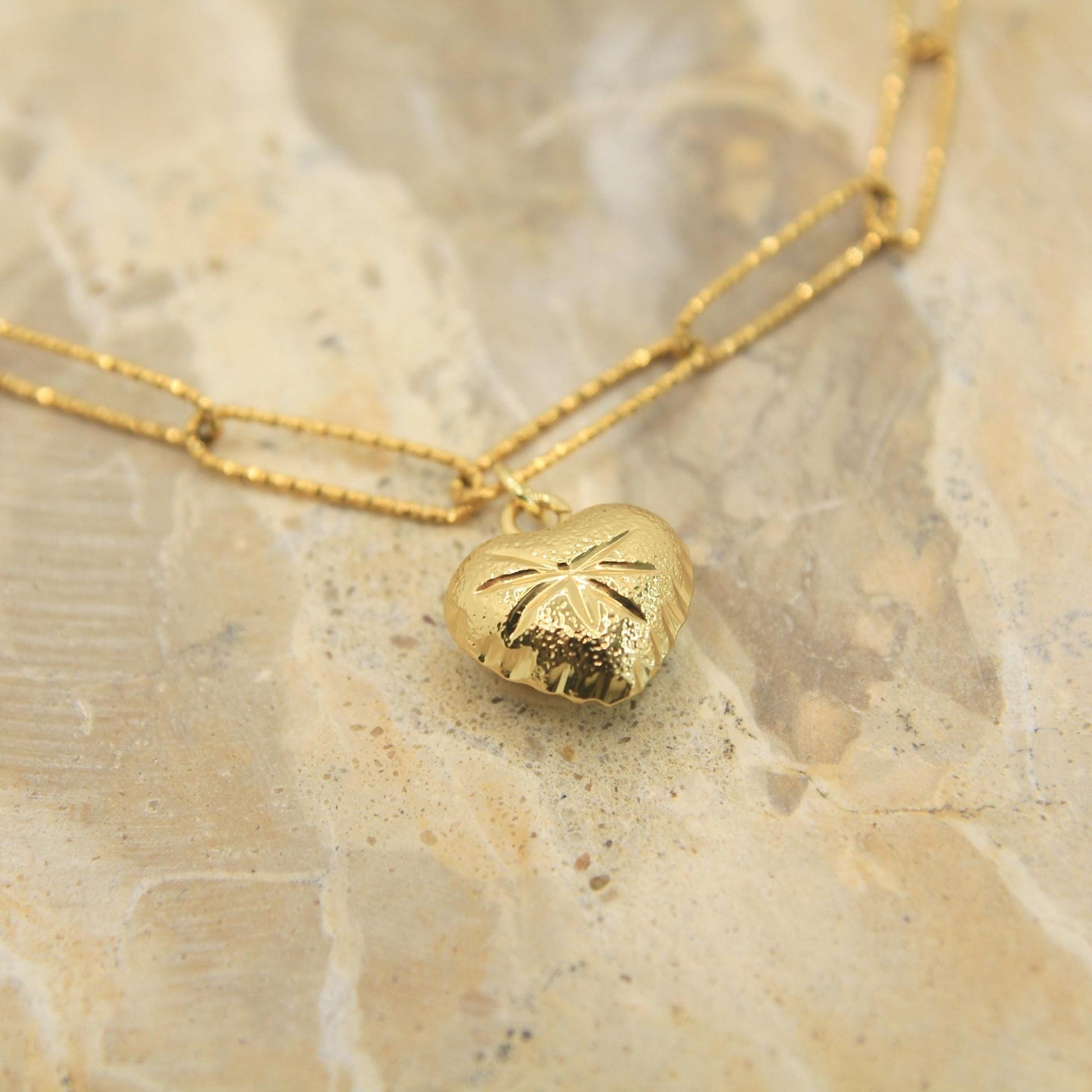 Gold Puffy Heart Necklace • Textured Sparkle Chain • Chunky Gold Heart Charm