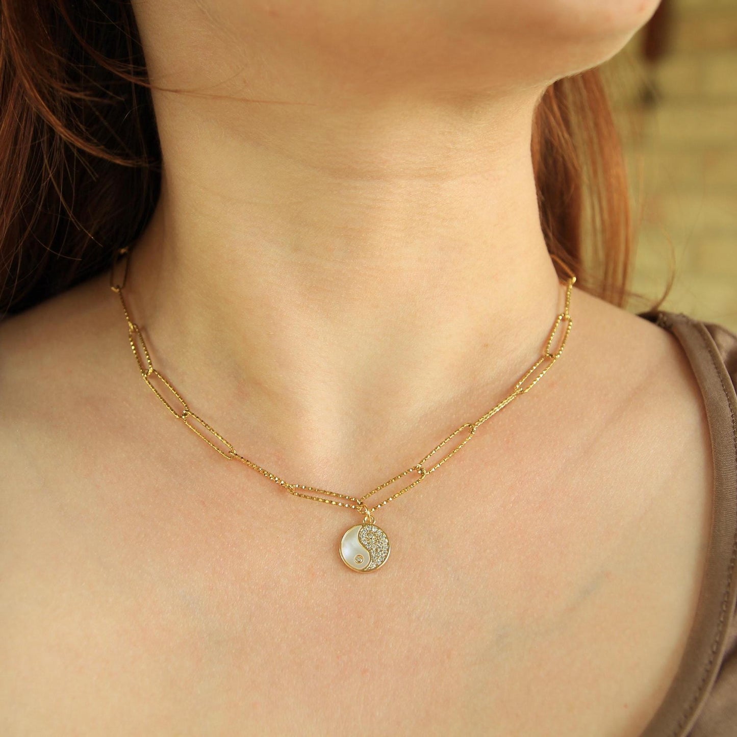 Gold Yin Yang Necklace • Shell & Crystal Charm • Textured Sparkle Chain