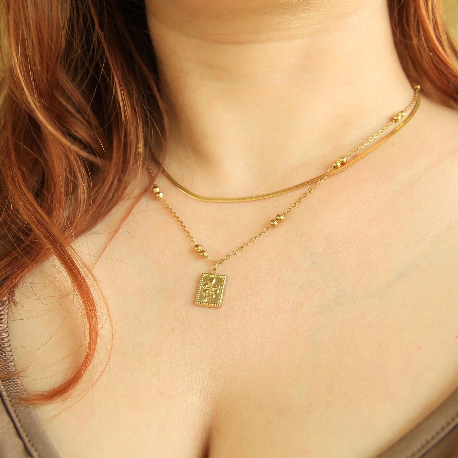 Gold Snake Charm Layered Necklace • Herringbone & Satellite Chain • Waterproof Stainless Steel • Hypoallergenic
