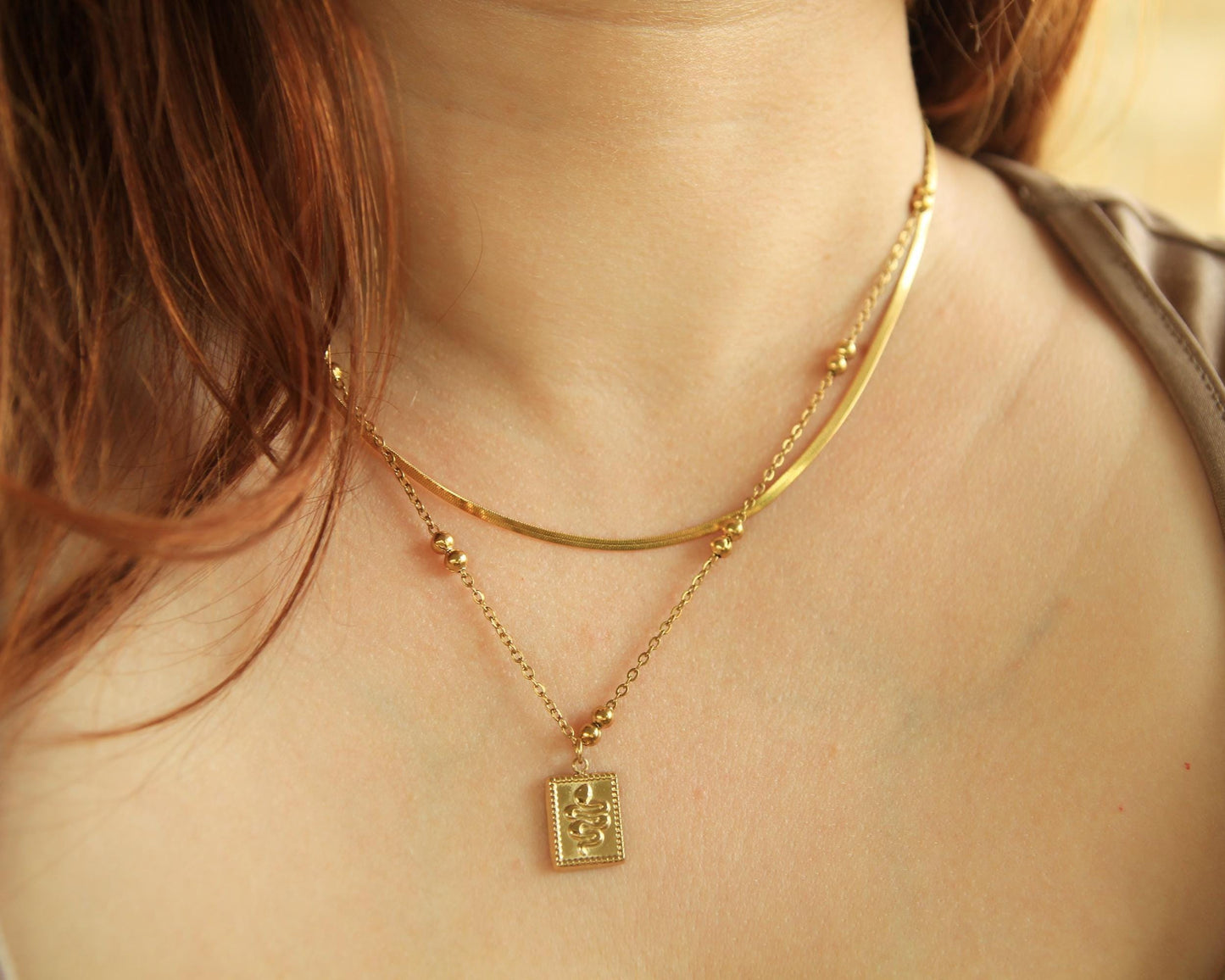 Gold Snake Charm Layered Necklace • Herringbone & Satellite Chain • Waterproof Stainless Steel • Hypoallergenic