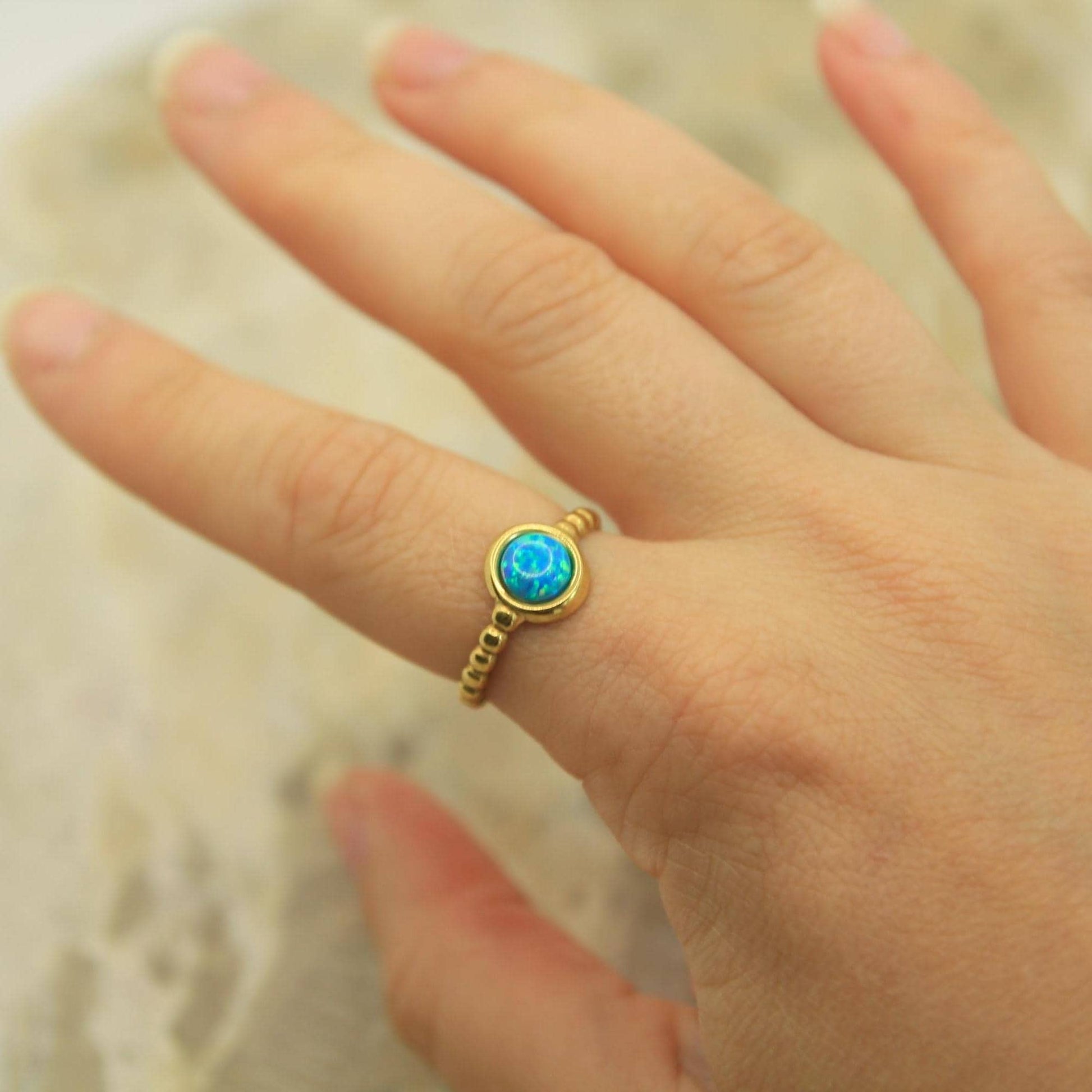 Blue Opal Ring • Gold Beaded Band • Adjustable Stacking Ring • Waterproof Stainless Steel