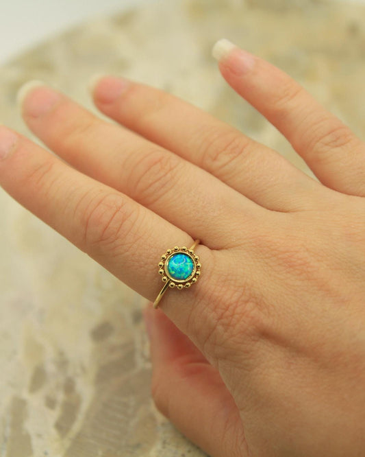 Blue Opal Milgrain Ring • Gold or Silver • Adjustable Stainless Steel • Beaded Halo Opal Ring • Gift for Her