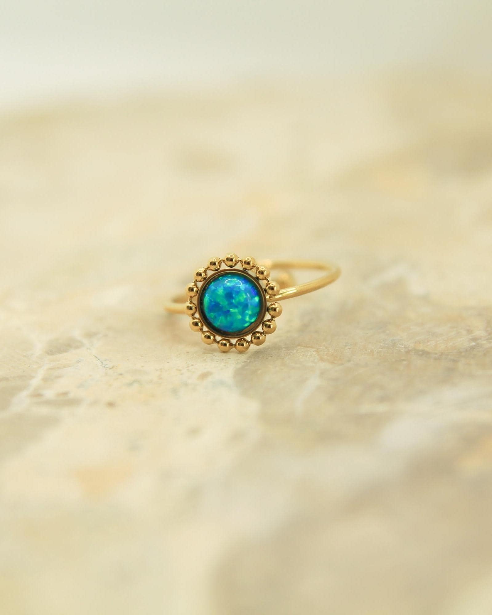 Blue Opal Milgrain Ring • Gold or Silver • Adjustable Stainless Steel • Beaded Halo Opal Ring • Gift for Her