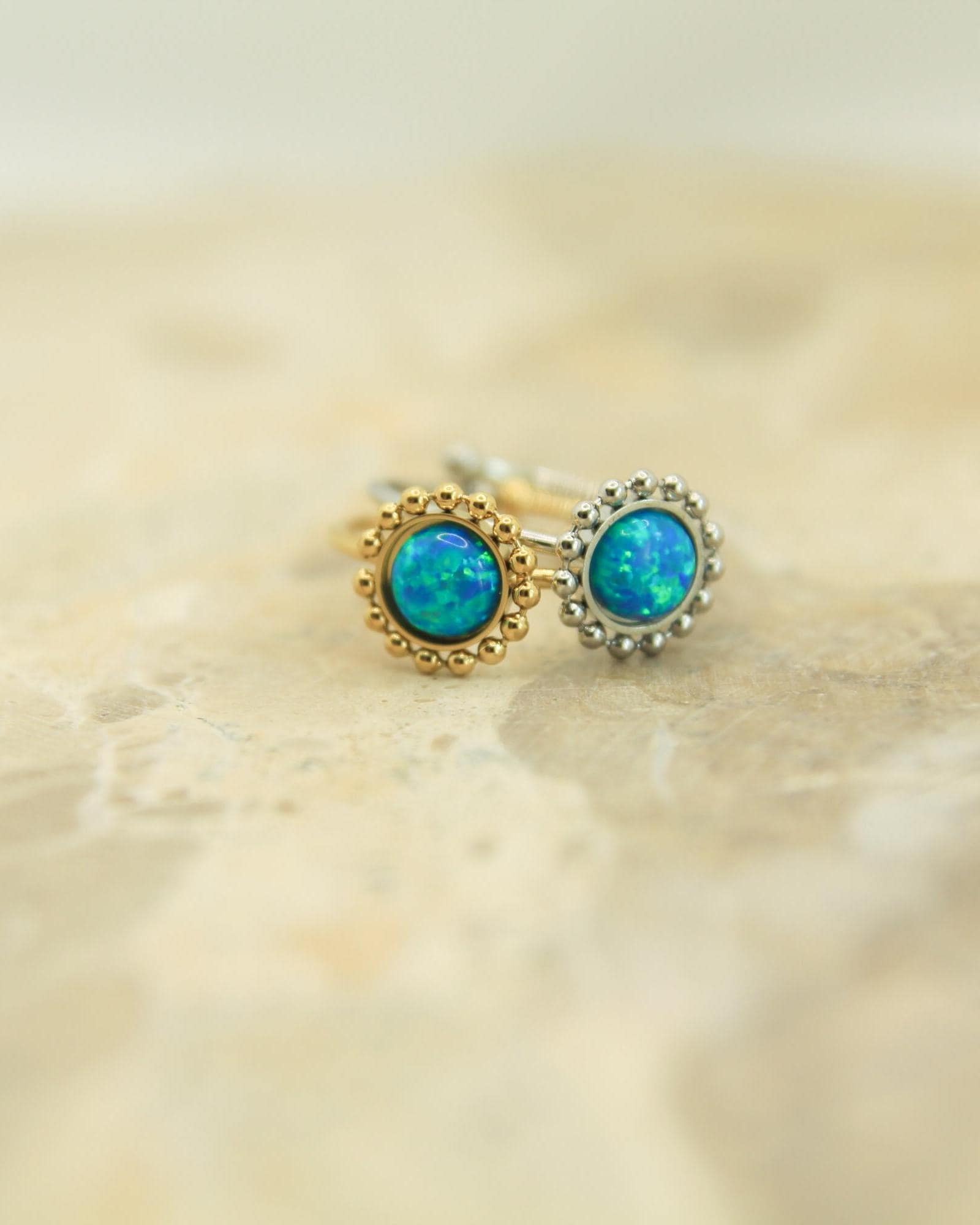Blue Opal Milgrain Ring • Gold or Silver • Adjustable Stainless Steel • Beaded Halo Opal Ring • Gift for Her