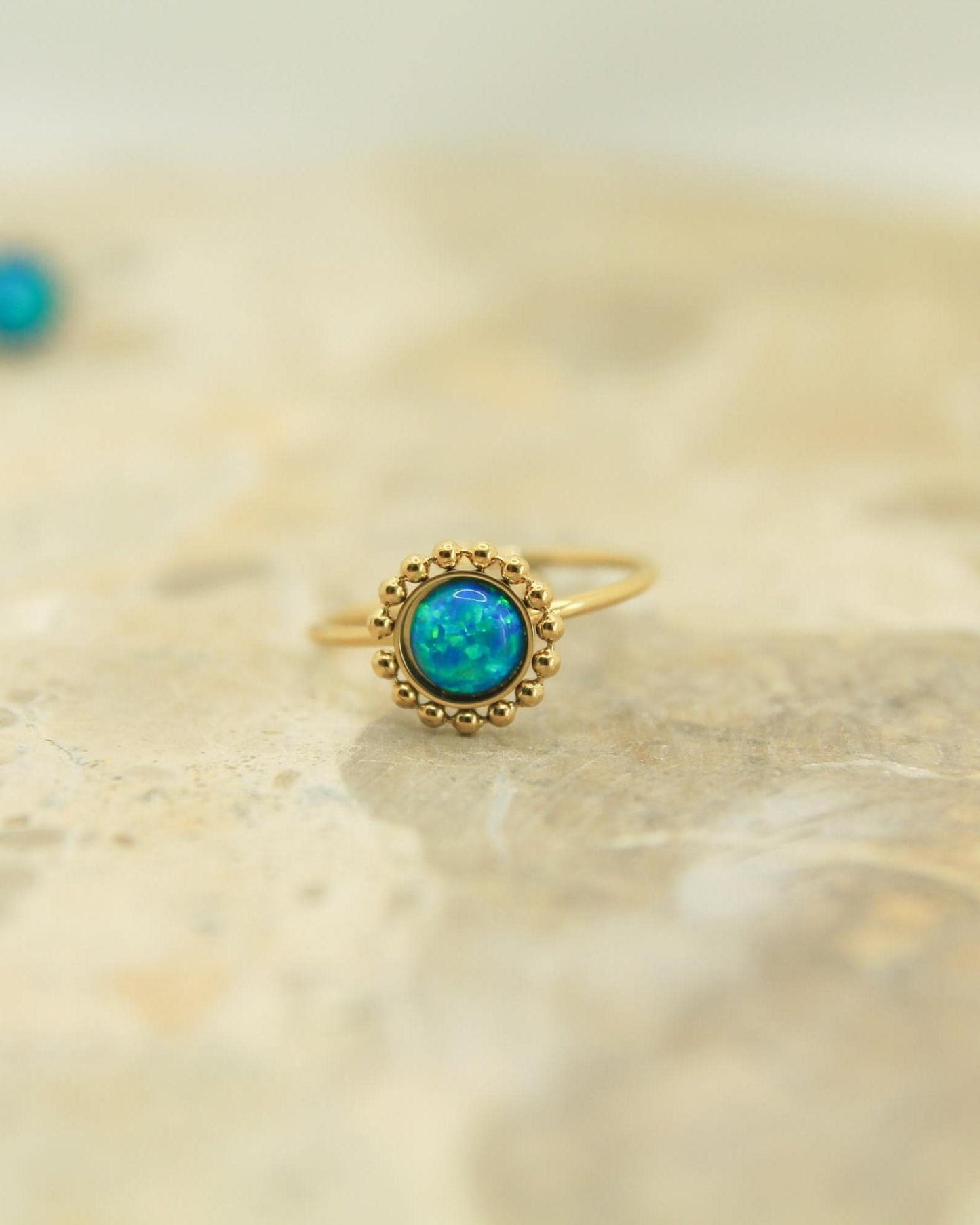 Blue Opal Milgrain Ring • Gold or Silver • Adjustable Stainless Steel • Beaded Halo Opal Ring • Gift for Her