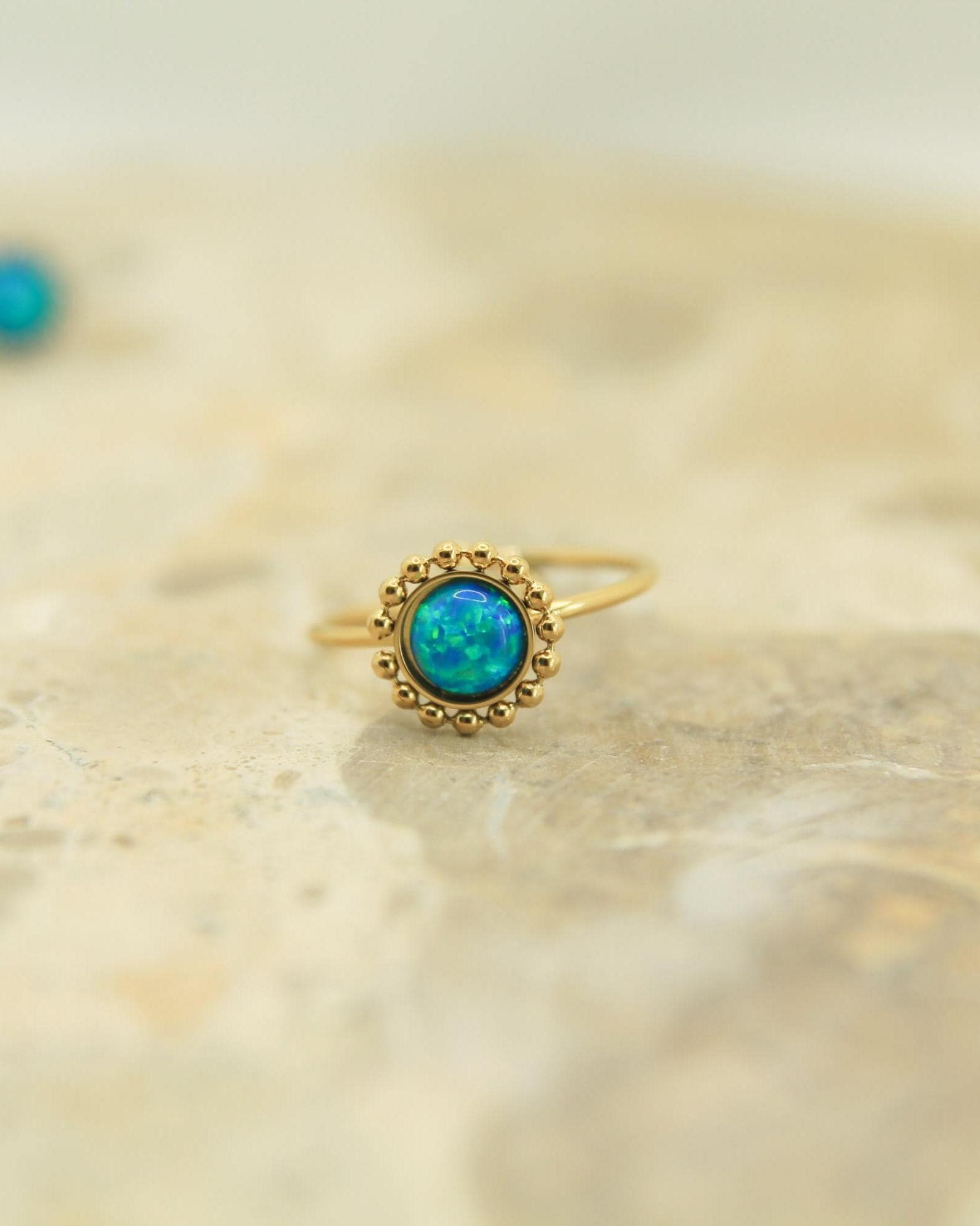 Blue Opal Milgrain Ring • Gold or Silver • Adjustable Stainless Steel • Beaded Halo Opal Ring • Gift for Her