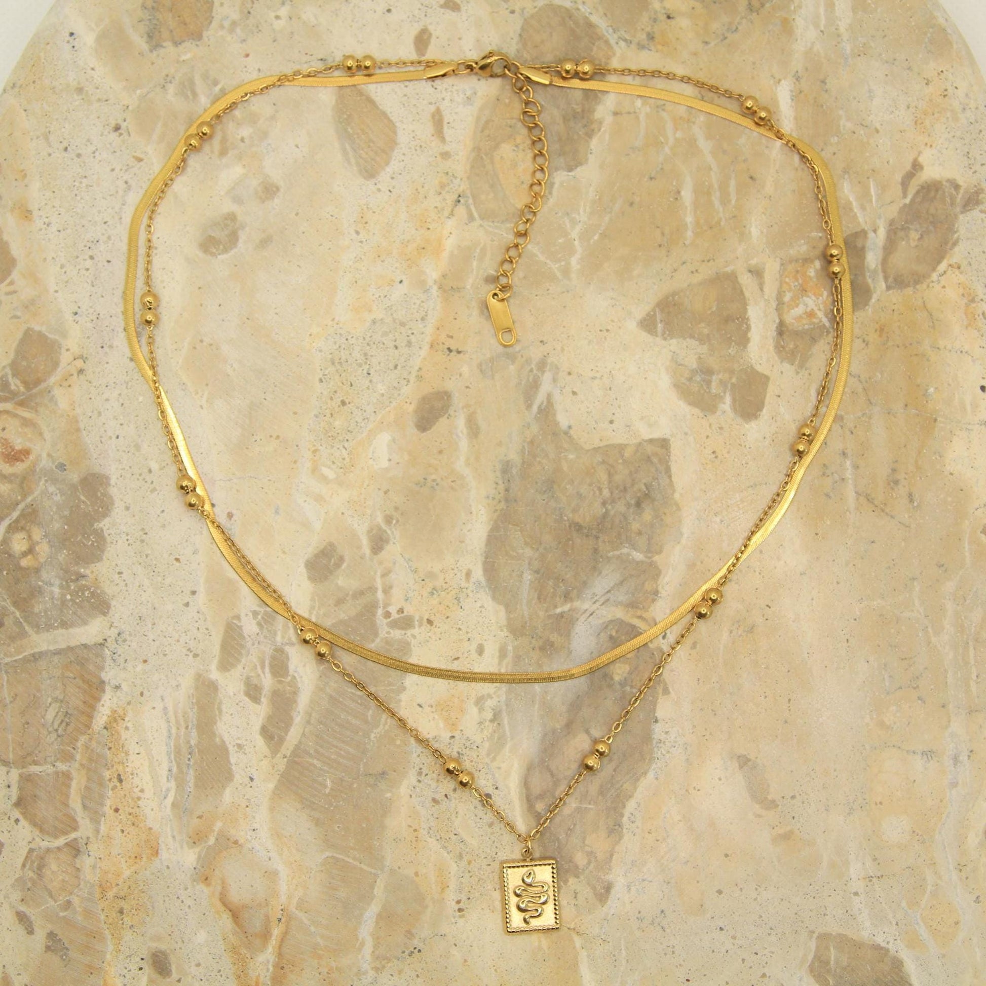 Gold Snake Charm Layered Necklace • Herringbone & Satellite Chain • Waterproof Stainless Steel • Hypoallergenic