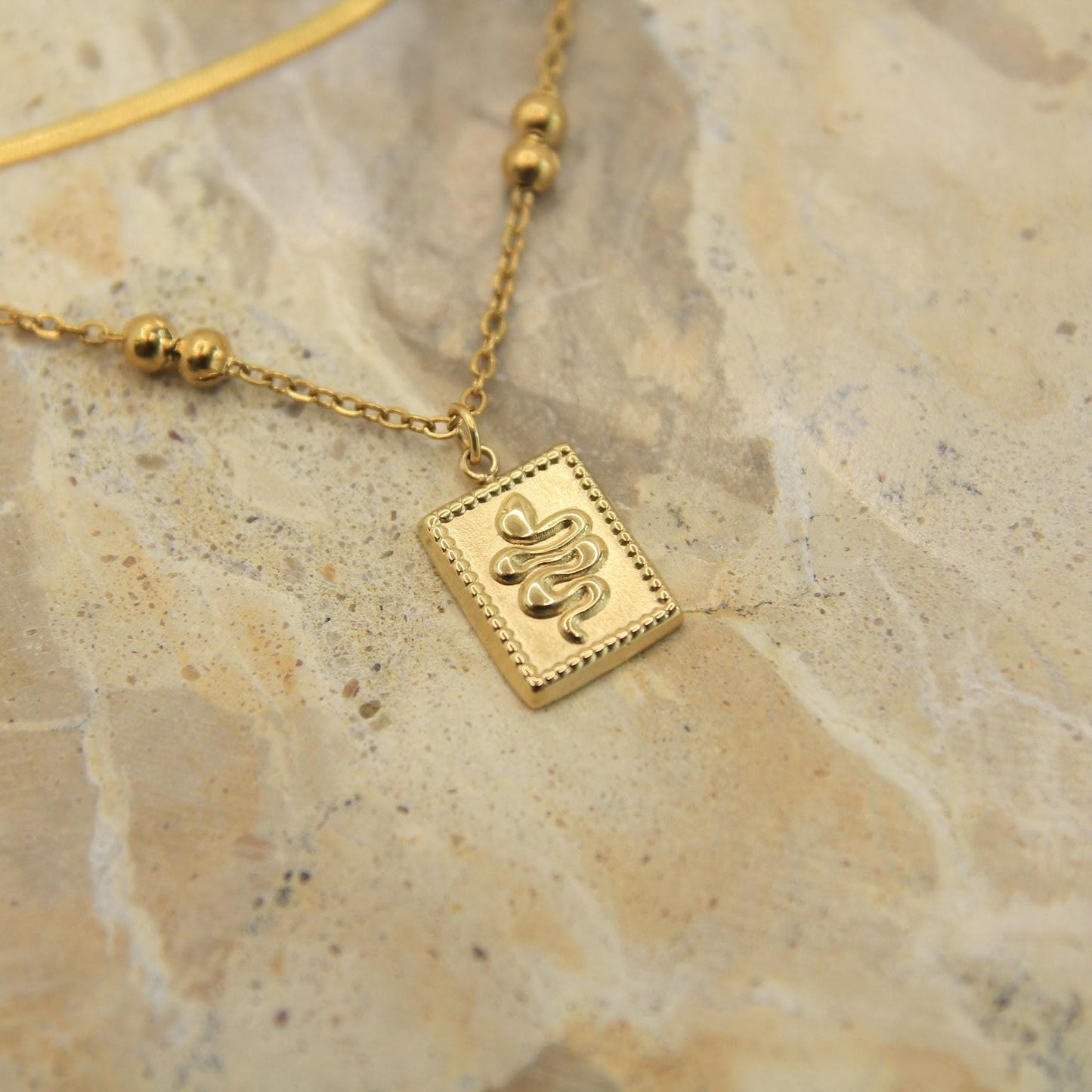 Gold Snake Charm Layered Necklace • Herringbone & Satellite Chain • Waterproof Stainless Steel • Hypoallergenic