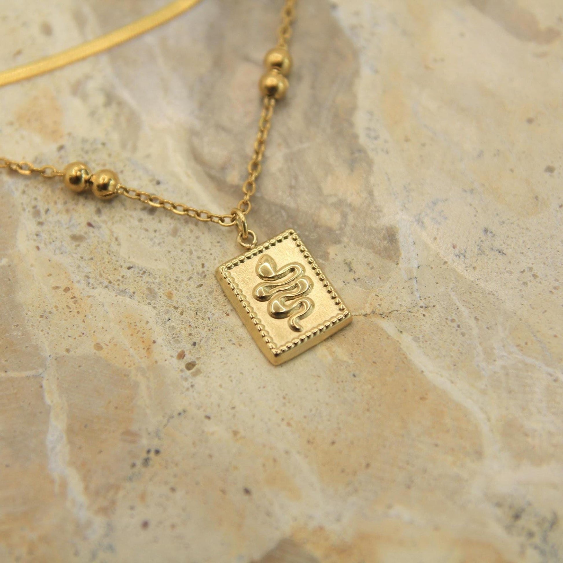 Gold Snake Charm Layered Necklace • Herringbone & Satellite Chain • Waterproof Stainless Steel • Hypoallergenic