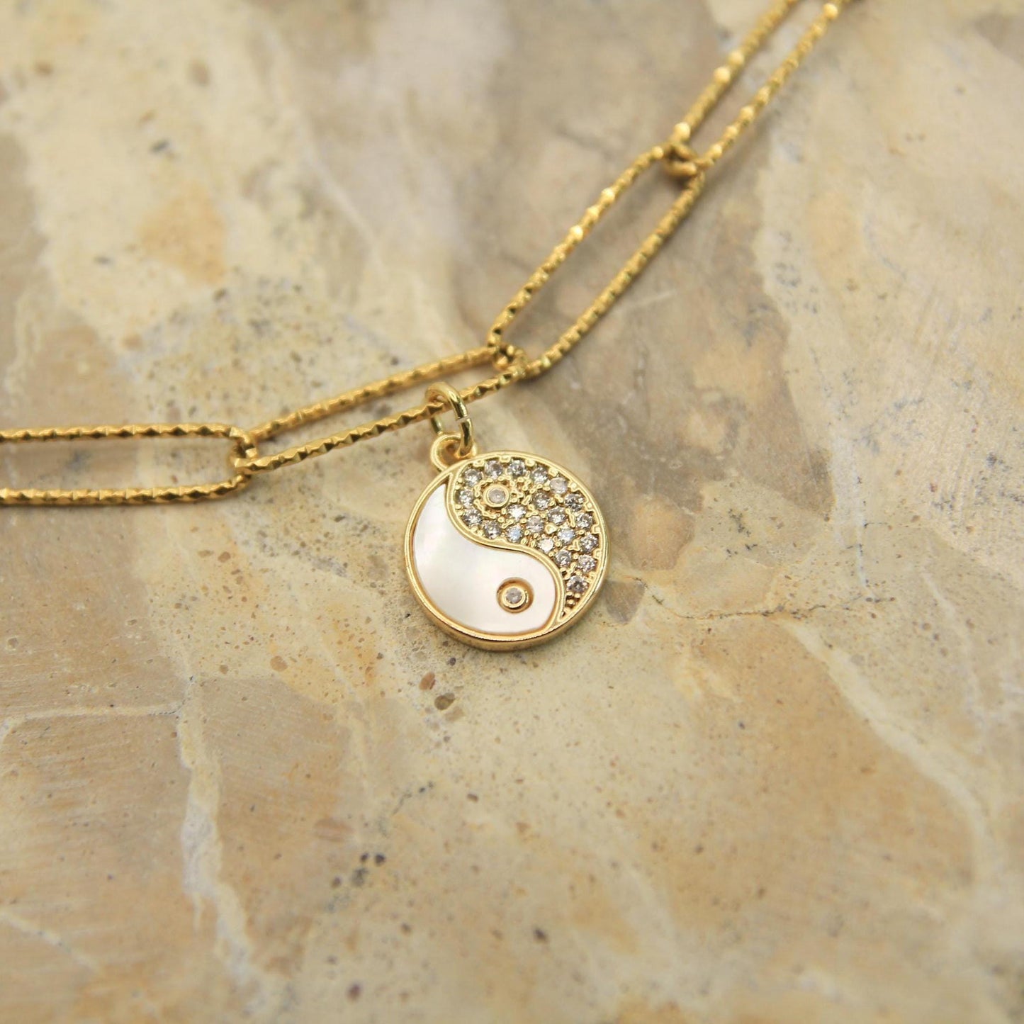Gold Yin Yang Necklace • Shell & Crystal Charm • Textured Sparkle Chain