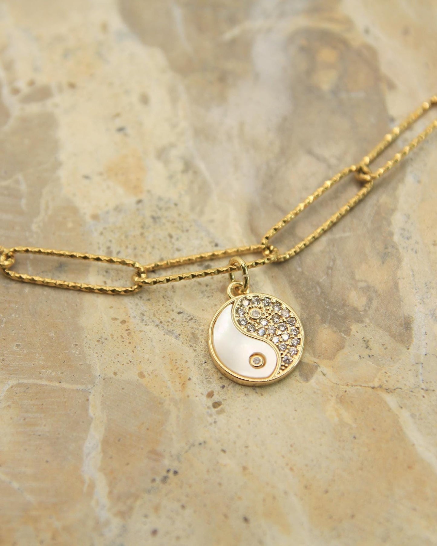 Gold Yin Yang Necklace • Shell & Crystal Charm • Textured Sparkle Chain
