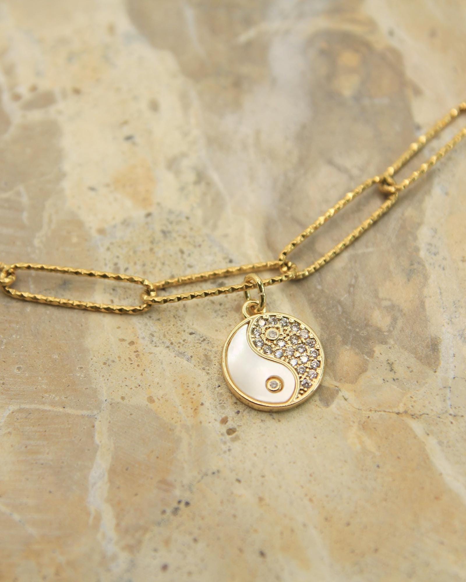 Gold Yin Yang Necklace • Shell & Crystal Charm • Textured Sparkle Chain