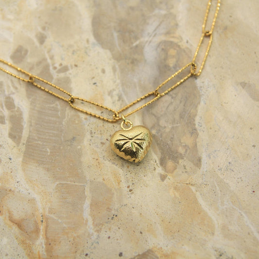 Gold Puffy Heart Necklace • Textured Sparkle Chain • Chunky Gold Heart Charm