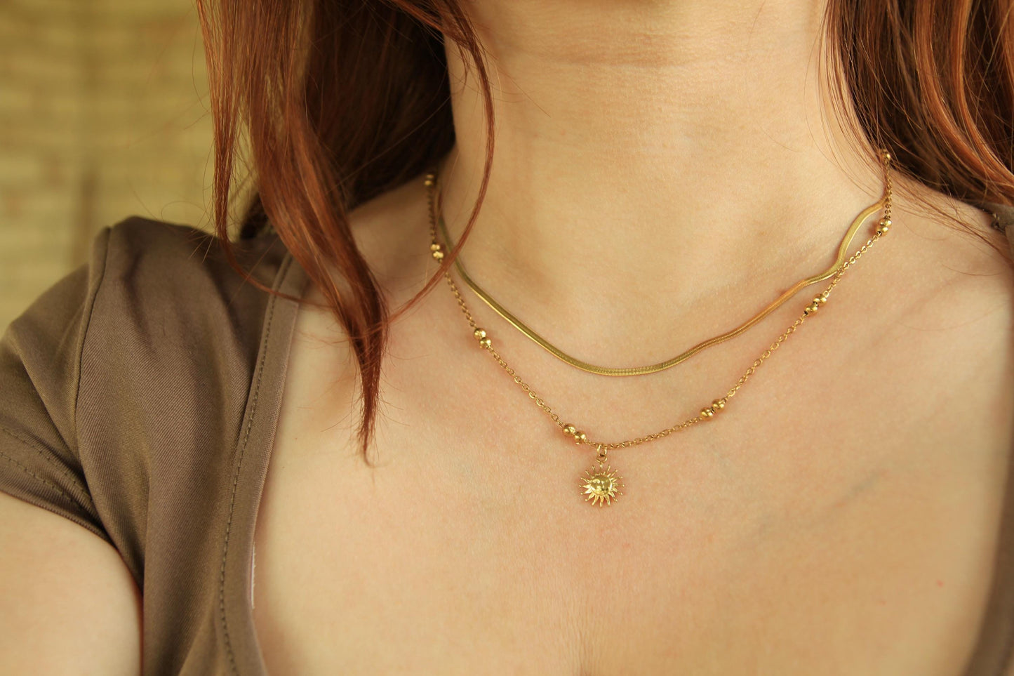 Gold Sun Charm Necklace • Herringbone & Satellite Chain • Waterproof Stainless Steel • Layered Gold Necklace • Hypoallergenic