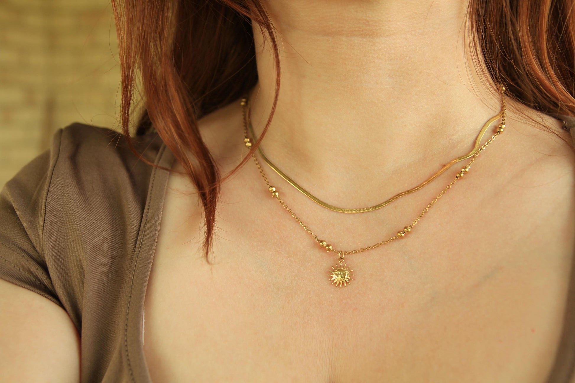Gold Sun Charm Necklace • Herringbone & Satellite Chain • Waterproof Stainless Steel • Layered Gold Necklace • Hypoallergenic