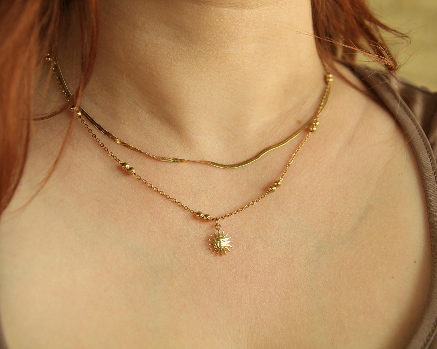 Gold Sun Charm Necklace • Herringbone & Satellite Chain • Waterproof Stainless Steel • Layered Gold Necklace • Hypoallergenic