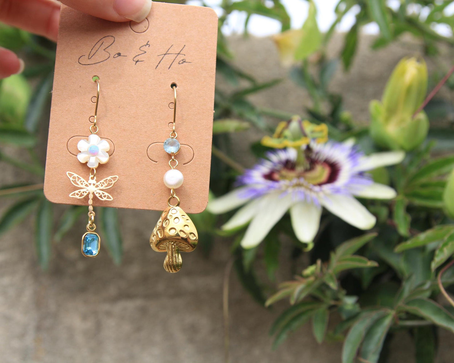Mismatched Earrings Gold | Shell Flower Dragonfly Pearl Mushroom | Opal Crystal | Cottagecore Whimsical Jewellery