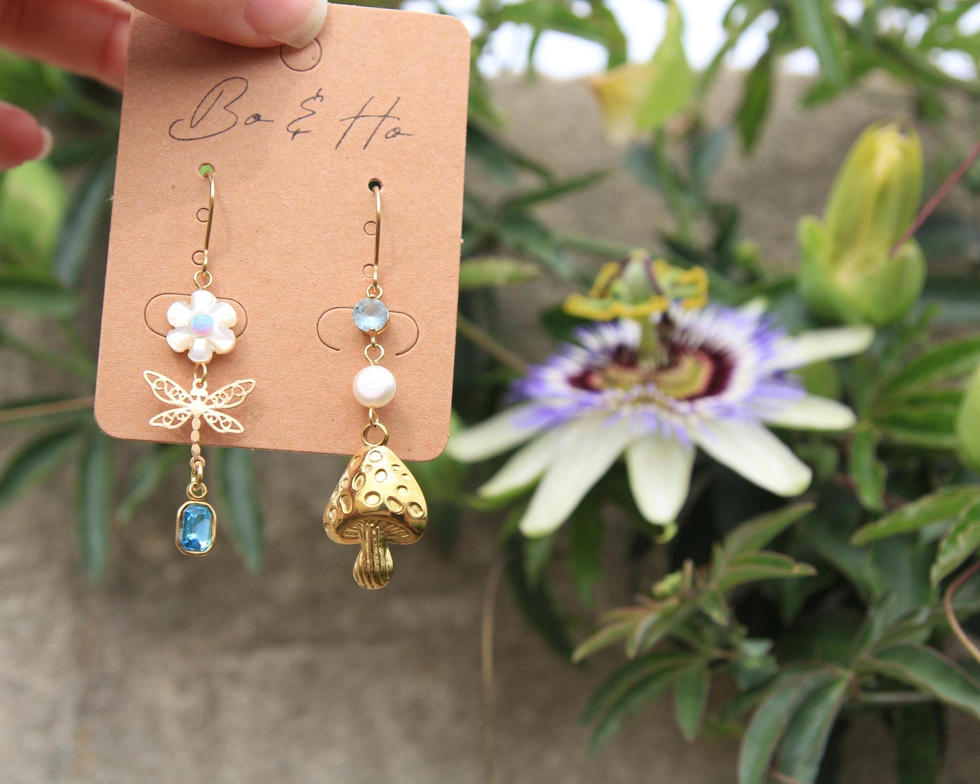 Mismatched Earrings Gold | Shell Flower Dragonfly Pearl Mushroom | Opal Crystal | Cottagecore Whimsical Jewellery