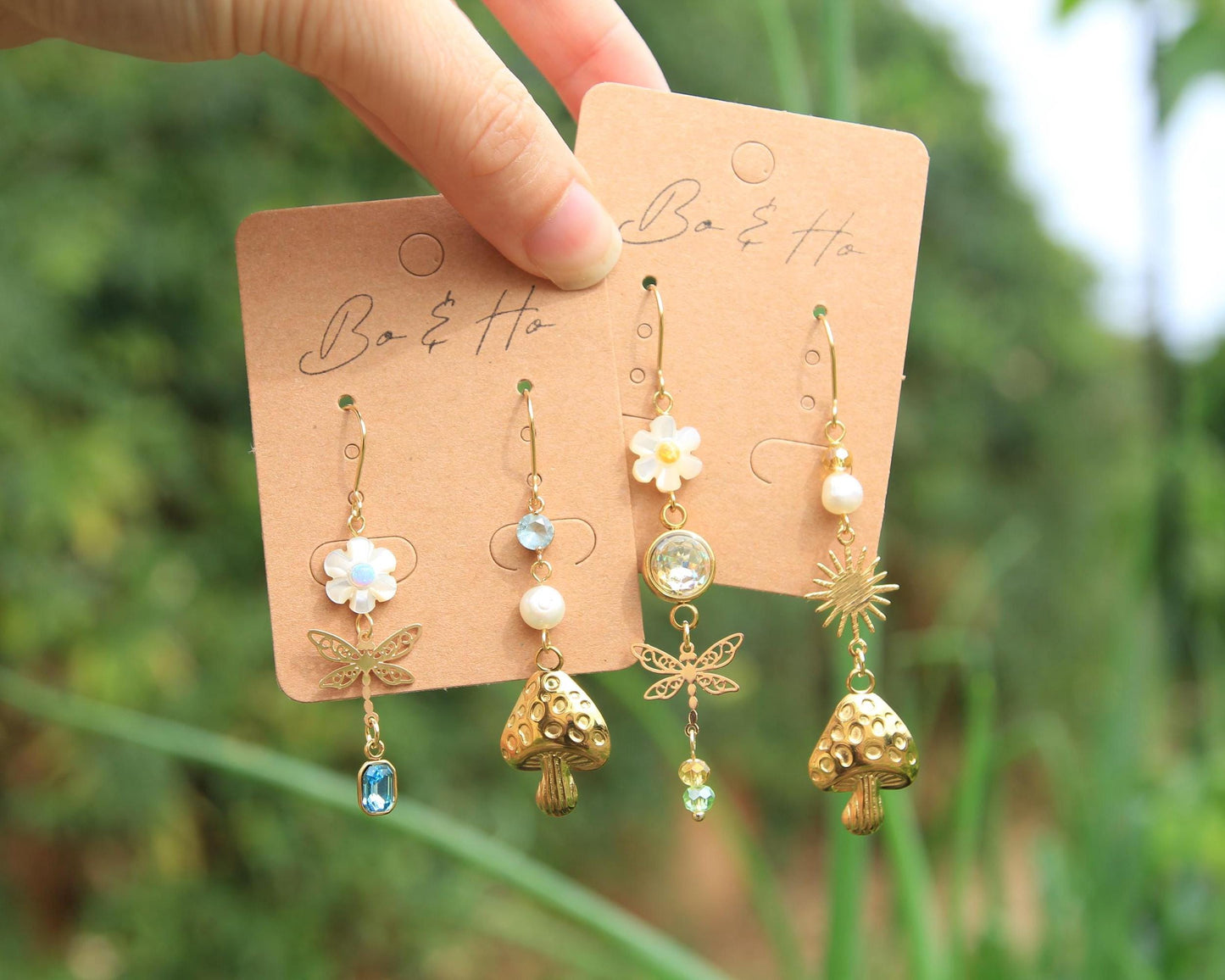 Mismatched Earrings Gold | Shell Flower Dragonfly Pearl Sun Mushroom | Opal Crystal | Cottagecore