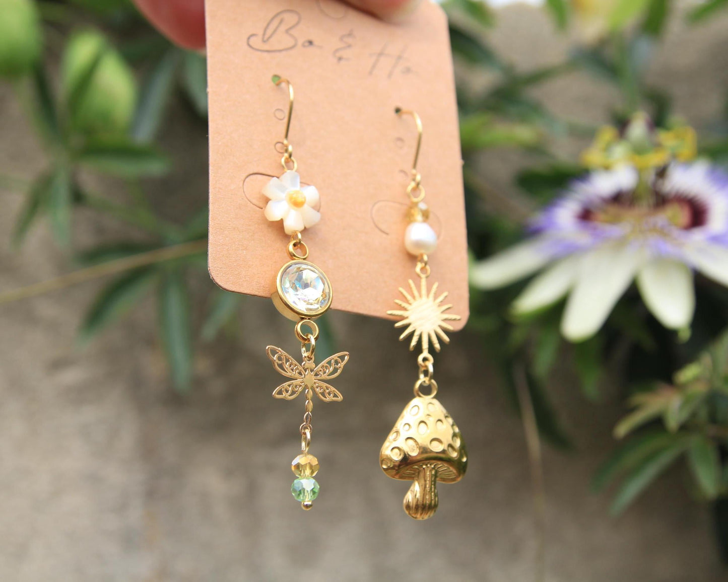 Mismatched Earrings Gold | Shell Flower Dragonfly Pearl Sun Mushroom | Opal Crystal | Cottagecore