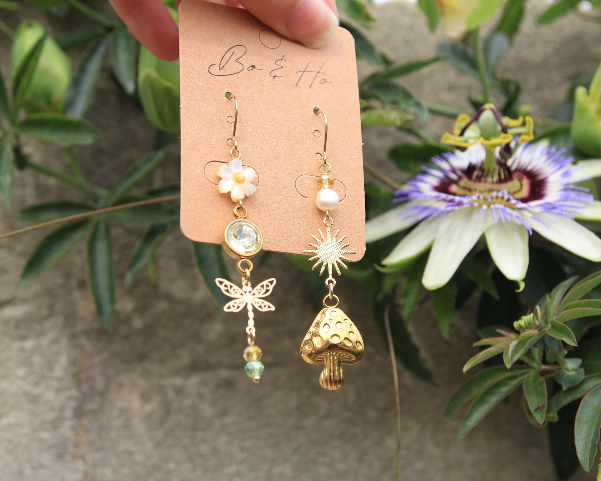 Mismatched Earrings Gold | Shell Flower Dragonfly Pearl Sun Mushroom | Opal Crystal | Cottagecore