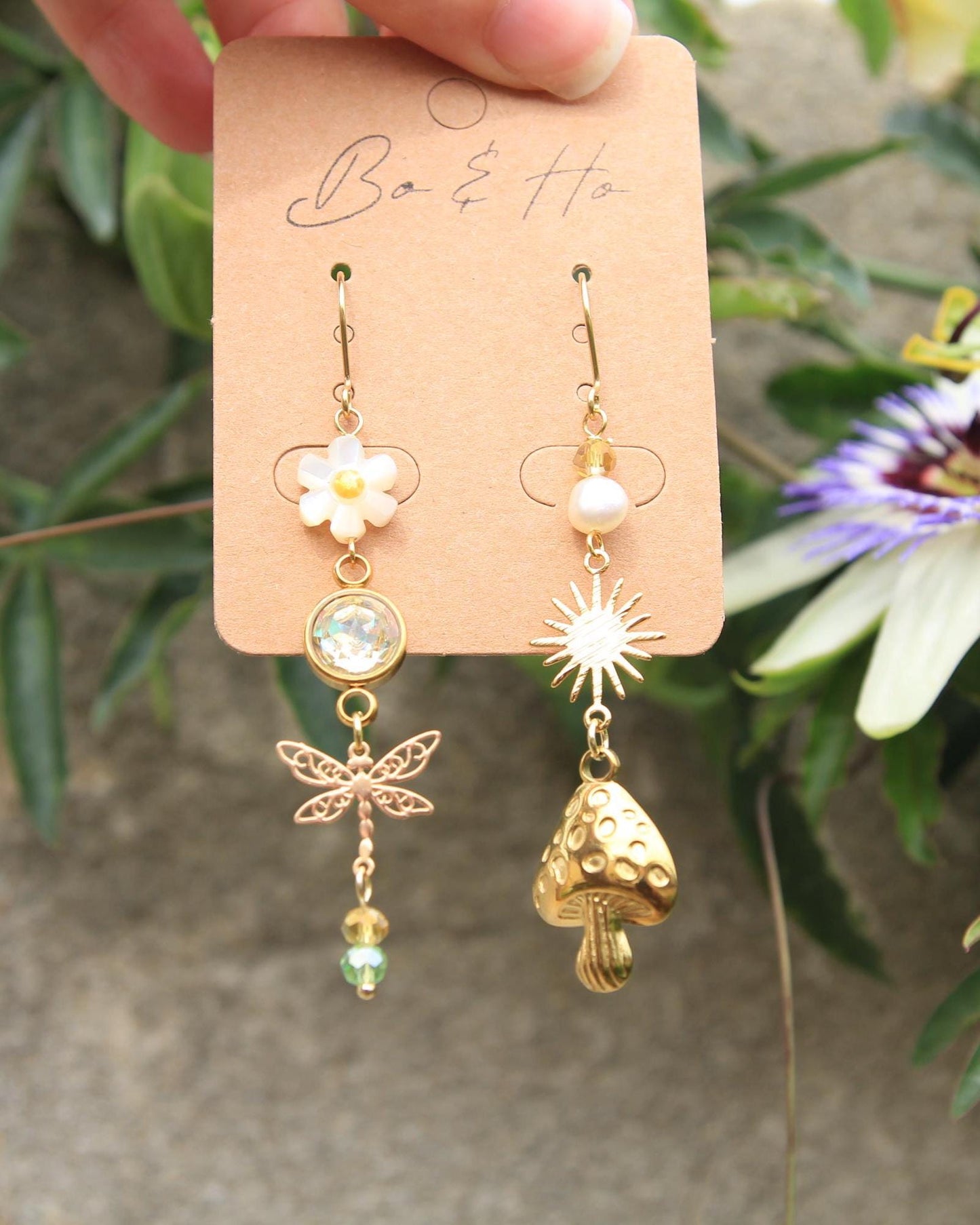 Mismatched Earrings Gold | Shell Flower Dragonfly Pearl Sun Mushroom | Opal Crystal | Cottagecore