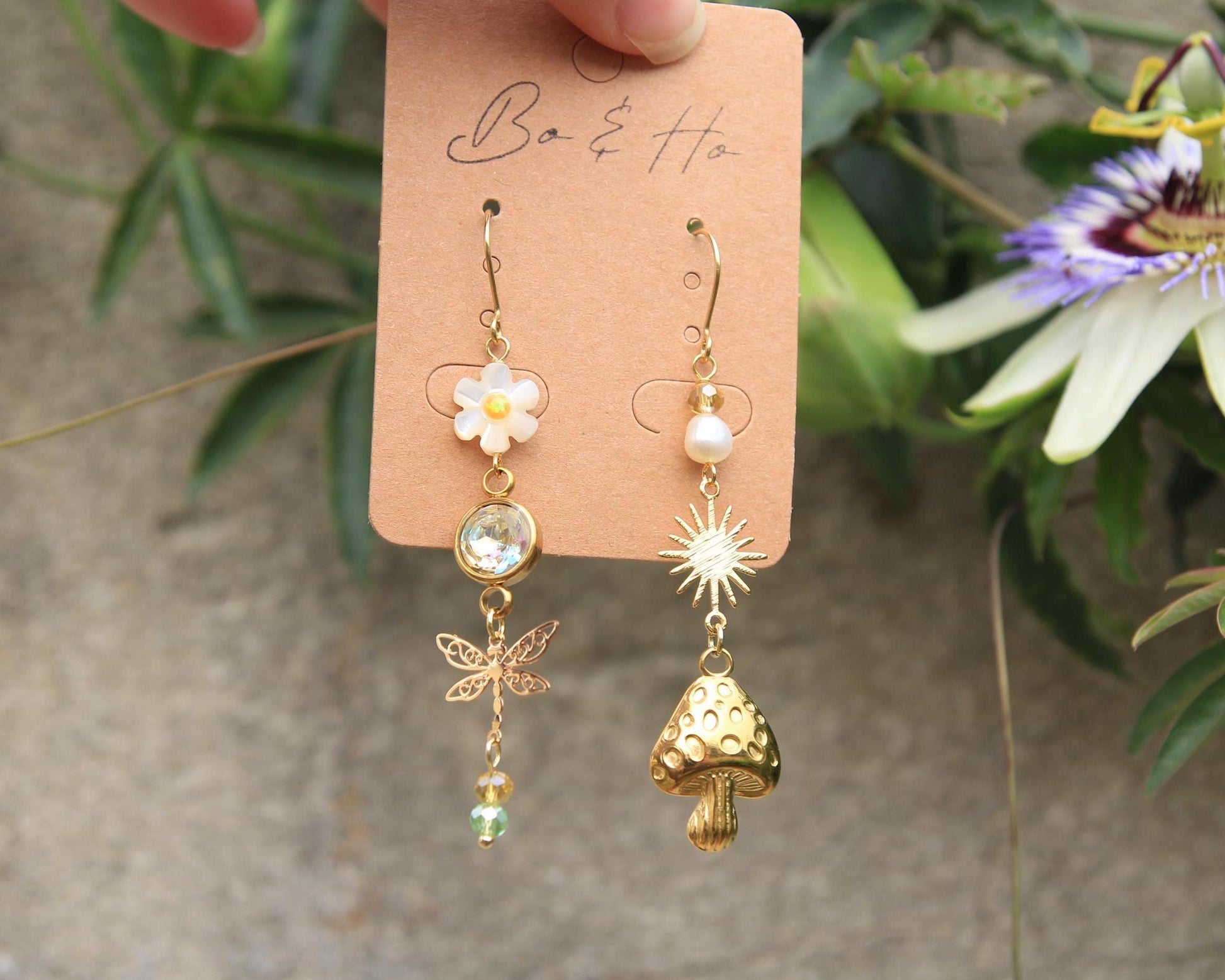 Mismatched Earrings Gold | Shell Flower Dragonfly Pearl Sun Mushroom | Opal Crystal | Cottagecore