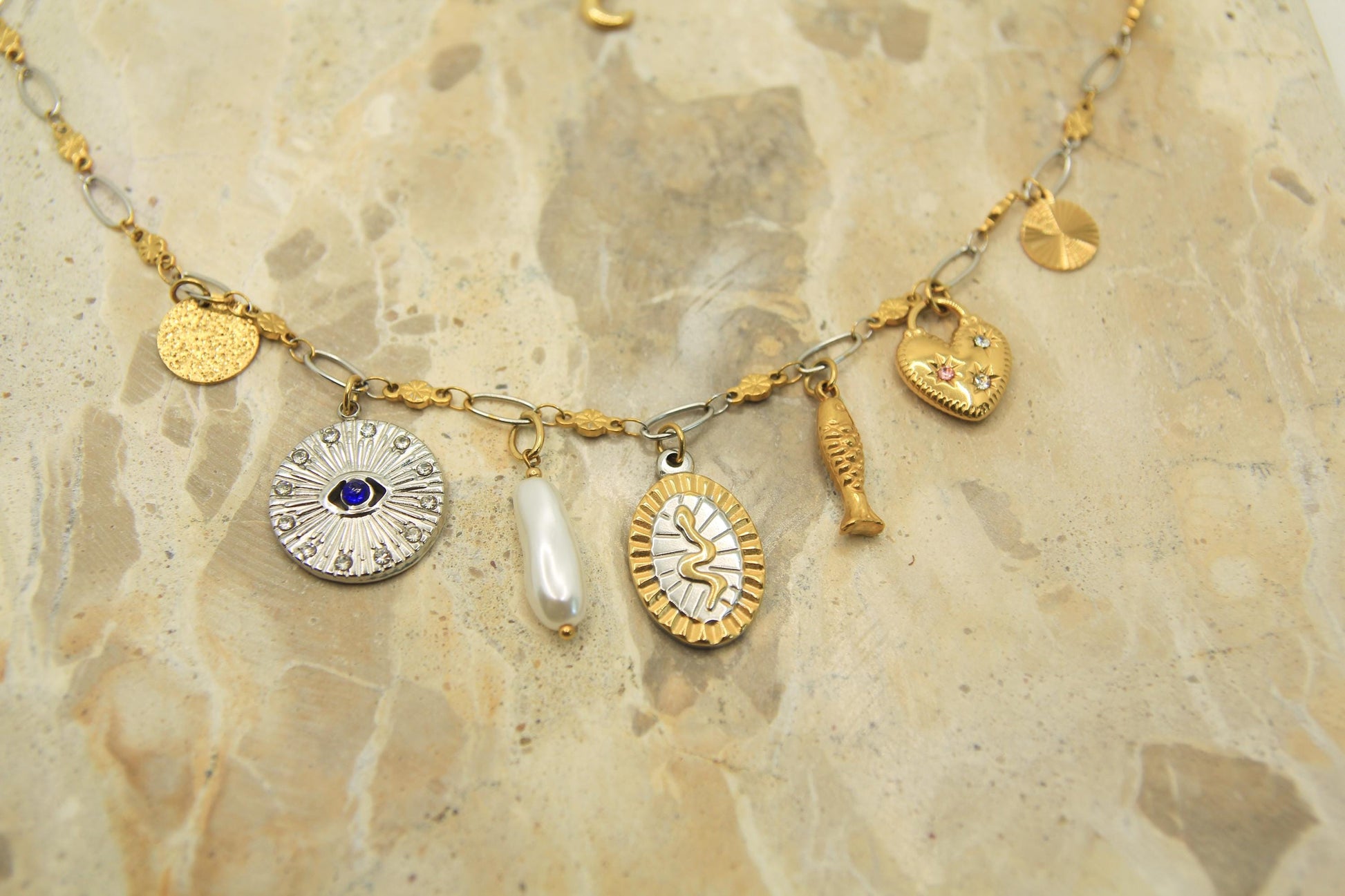 Mixed Metal Two Tone Charm Necklace: Eye, Heart, Moon, Fish, Snake, Pearl | Handmade Stainless Steel