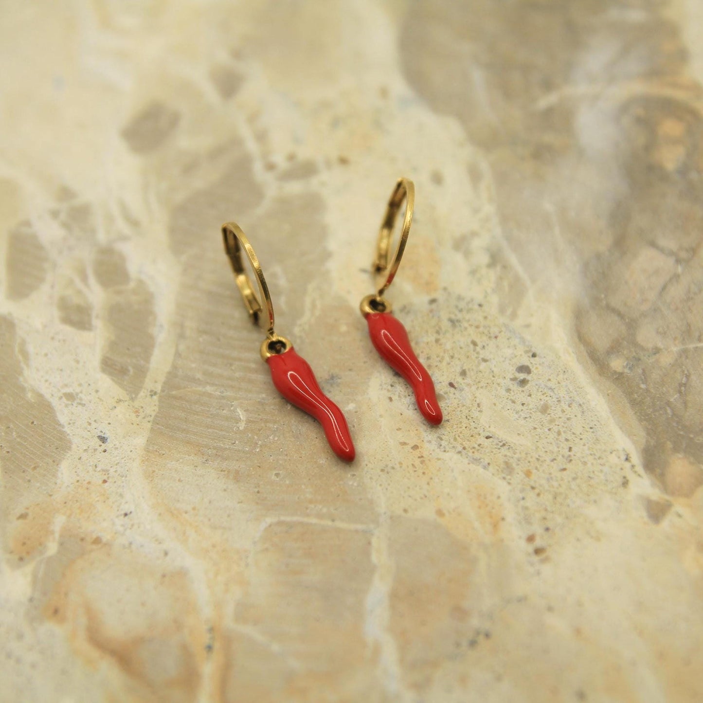 Cornicello Earrings Gold • Red Enamel Italian Horn • Lever Back Hoops • Waterproof Stainless Steel • Lucky Charm Earrings