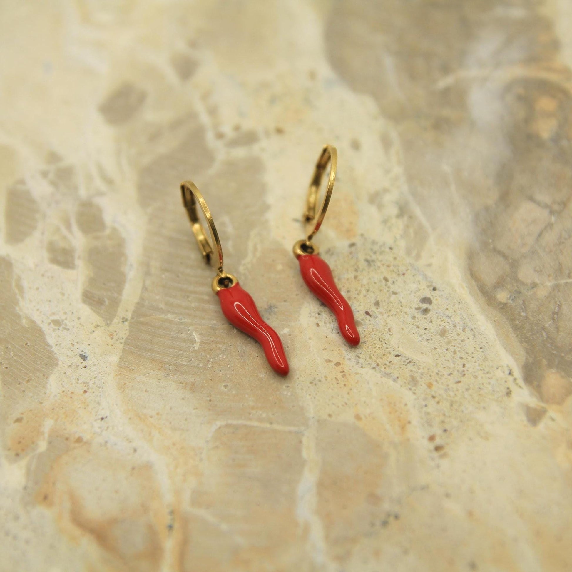Cornicello Earrings Gold • Red Enamel Italian Horn • Lever Back Hoops • Waterproof Stainless Steel • Lucky Charm Earrings
