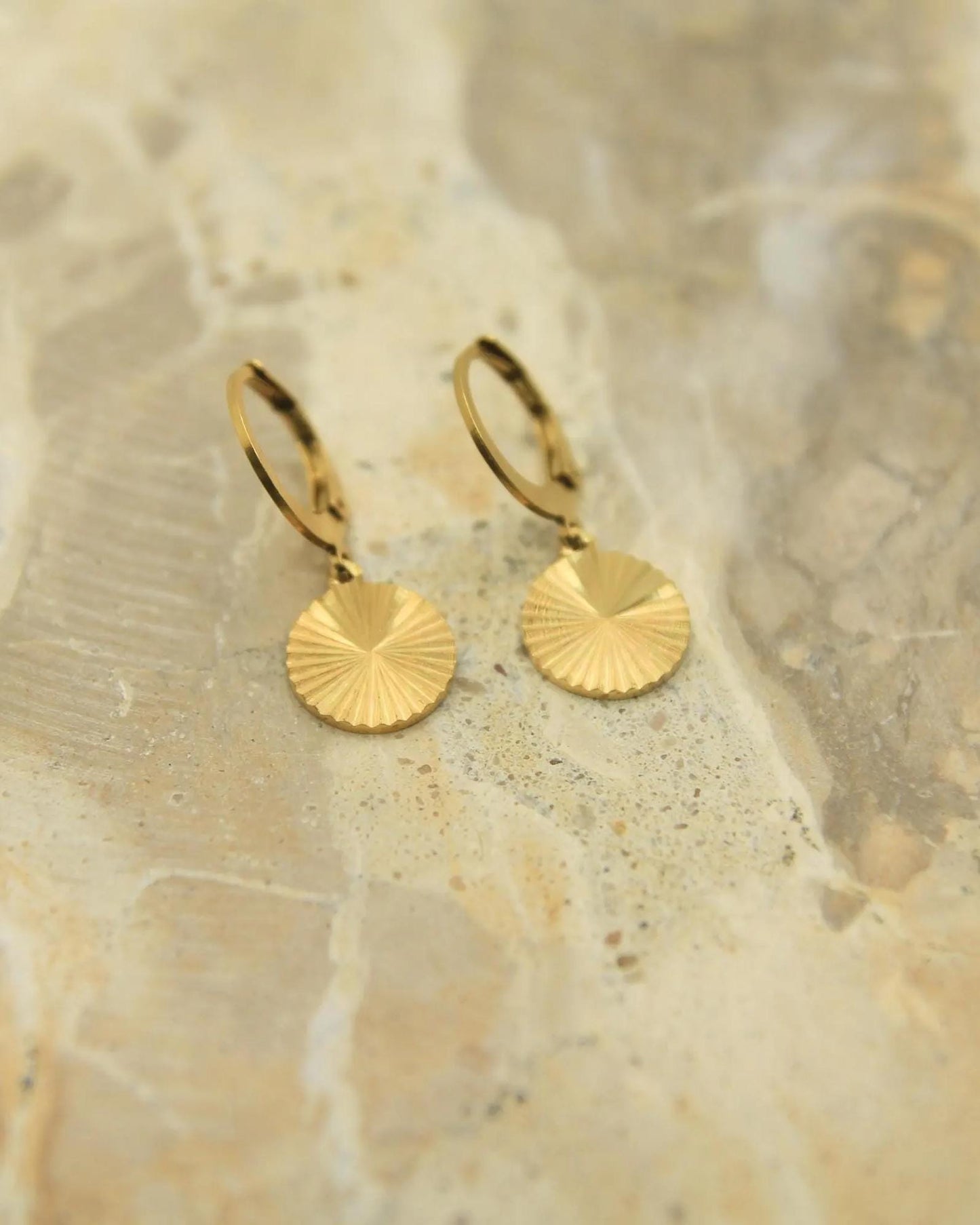 Sunburst Disc Earrings Gold • Starburst Coin Lever Back • Waterproof Stainless Steel • Hypoallergenic Hooks