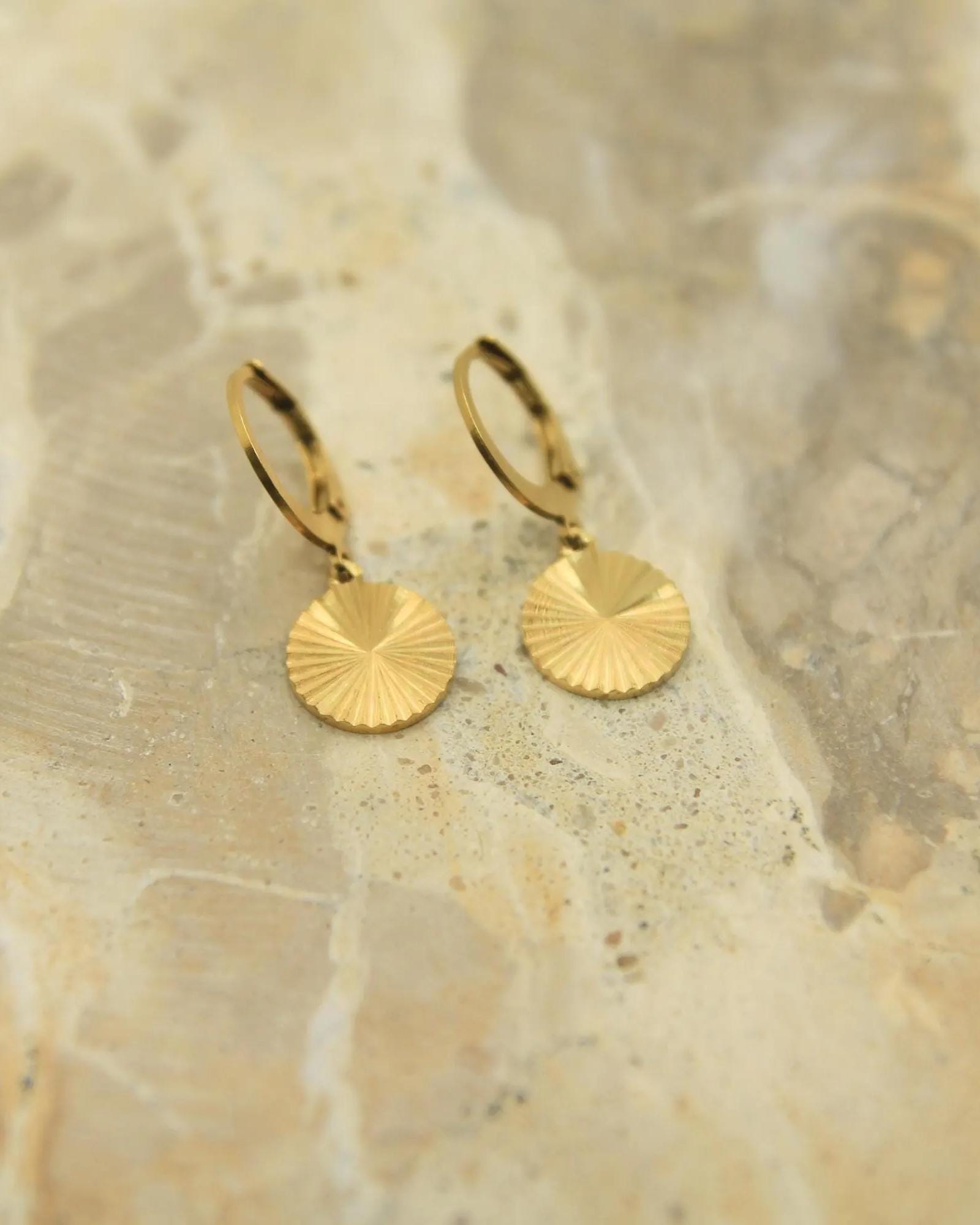 Sunburst Disc Earrings Gold • Starburst Coin Lever Back • Waterproof Stainless Steel • Hypoallergenic Hooks