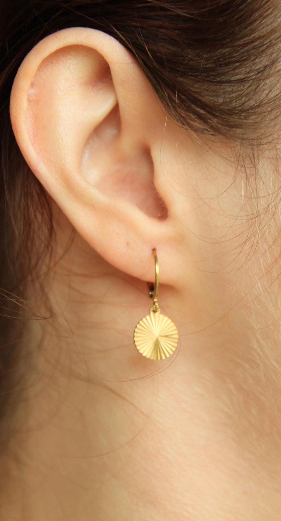 Sunburst Disc Earrings Gold • Starburst Coin Lever Back • Waterproof Stainless Steel • Hypoallergenic Hooks