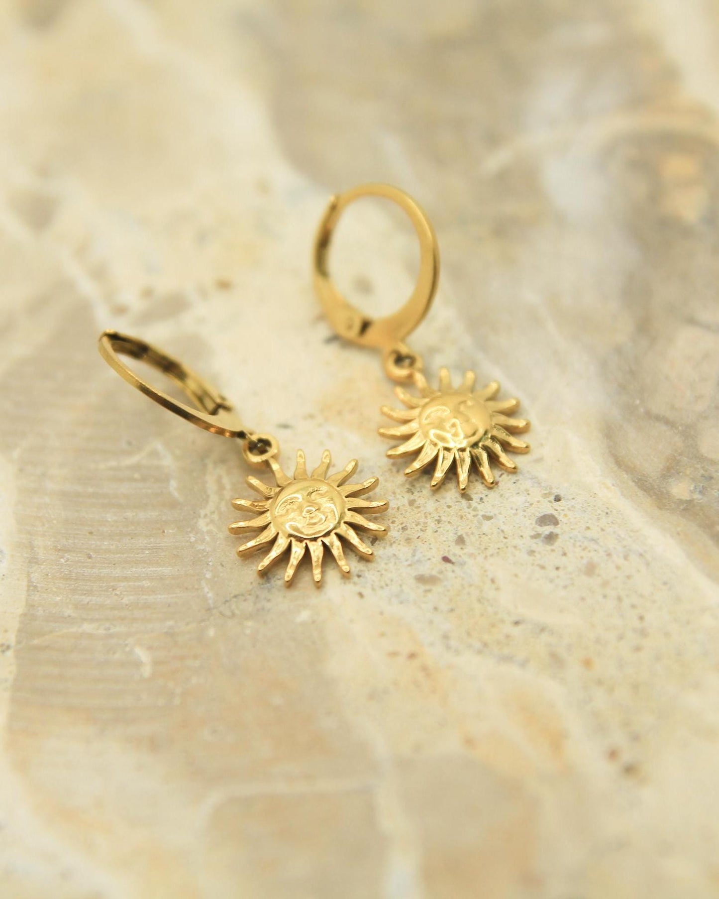 Gold Sun Face Earrings • Celestial Lever Back Hoops, Hypoallergenic Stainless Steel