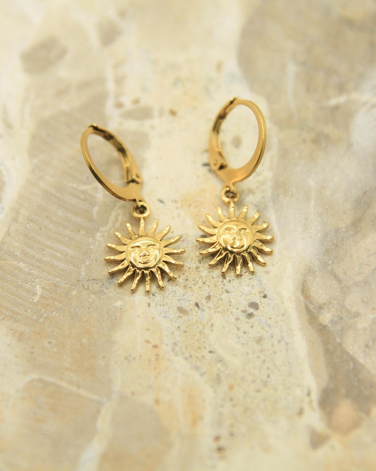 Gold Sun Face Earrings • Celestial Lever Back Hoops, Hypoallergenic Stainless Steel