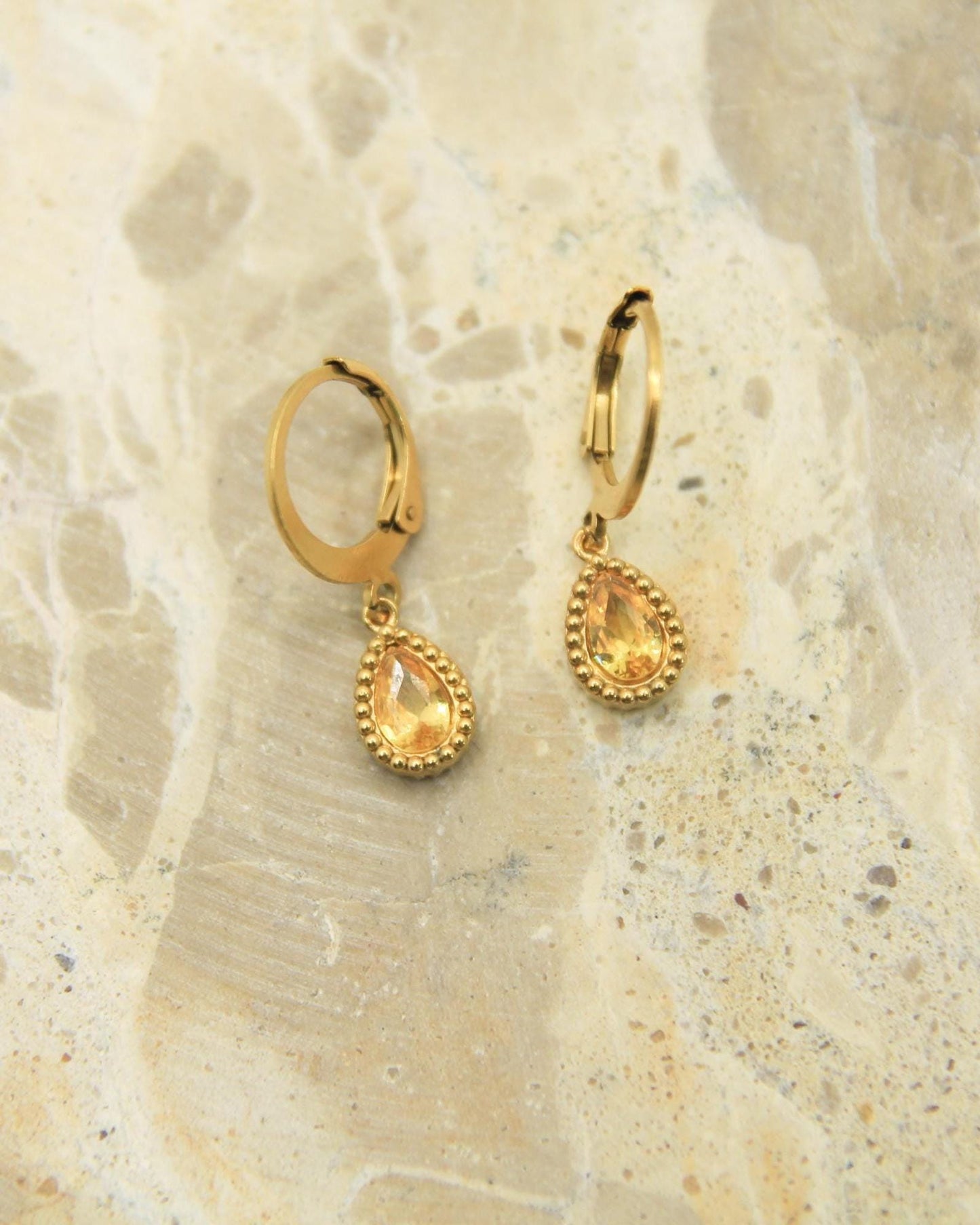 Crystal Teardrop Earrings Gold • CZ Birthstone Lever Back • Waterproof Stainless Steel • Hypoallergenic Hooks • Choose Your Colour