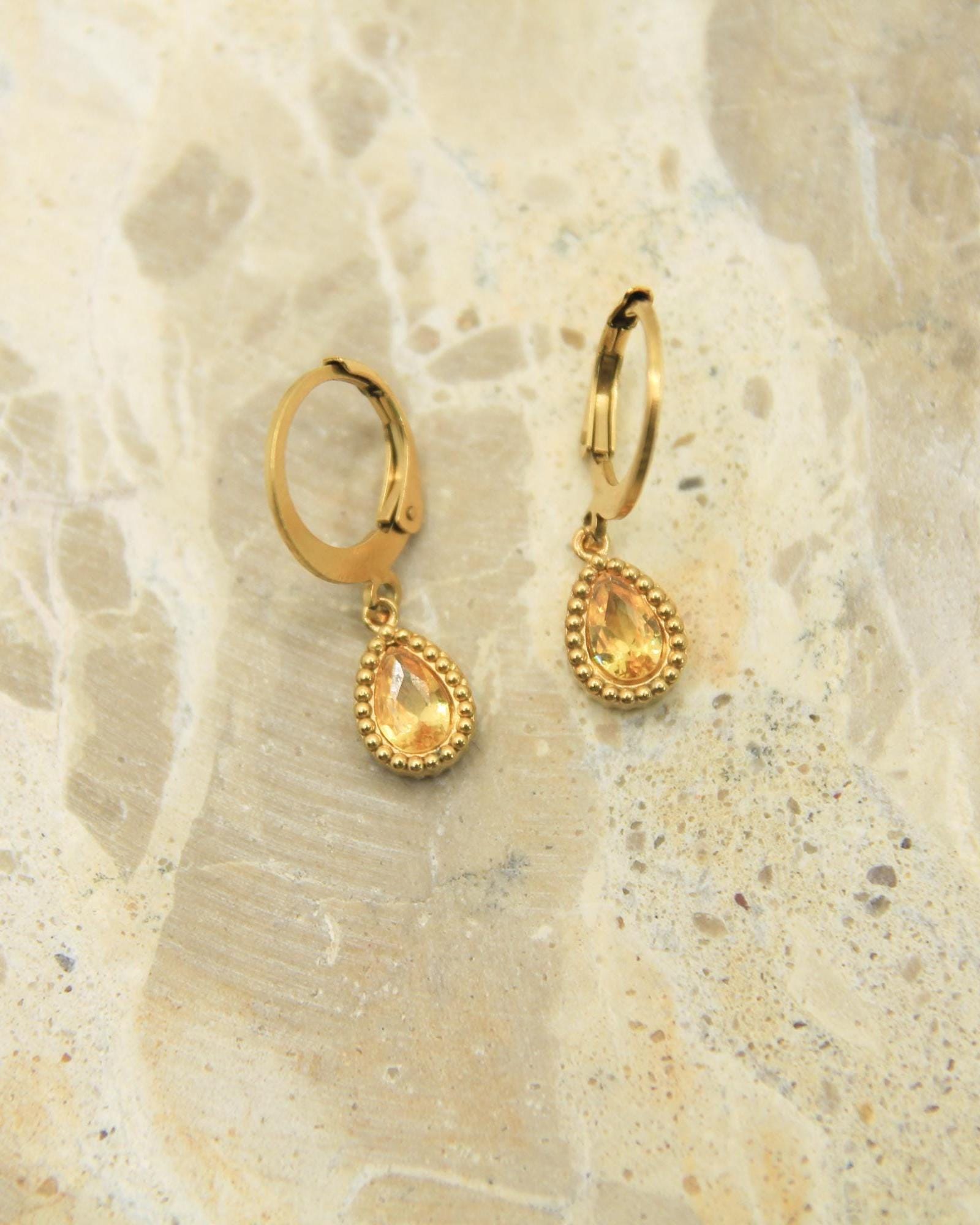 Crystal Teardrop Earrings Gold • CZ Birthstone Lever Back • Waterproof Stainless Steel • Hypoallergenic Hooks • Choose Your Colour