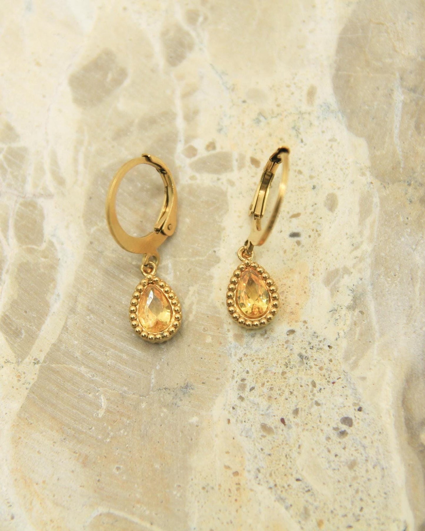Crystal Teardrop Earrings Gold • CZ Birthstone Lever Back • Waterproof Stainless Steel • Hypoallergenic Hooks • Choose Your Colour