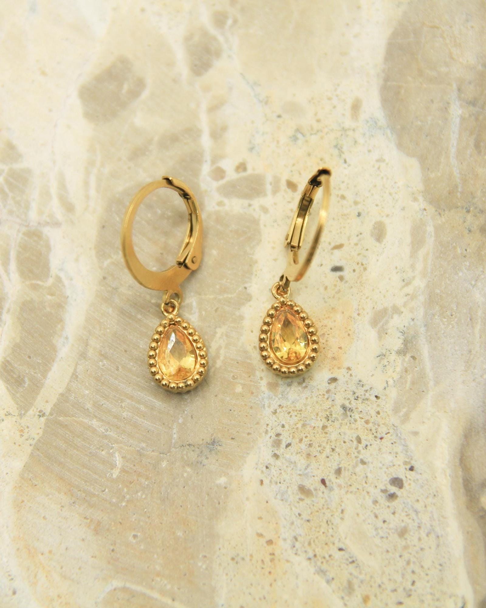 Crystal Teardrop Earrings Gold • CZ Birthstone Lever Back • Waterproof Stainless Steel • Hypoallergenic Hooks • Choose Your Colour