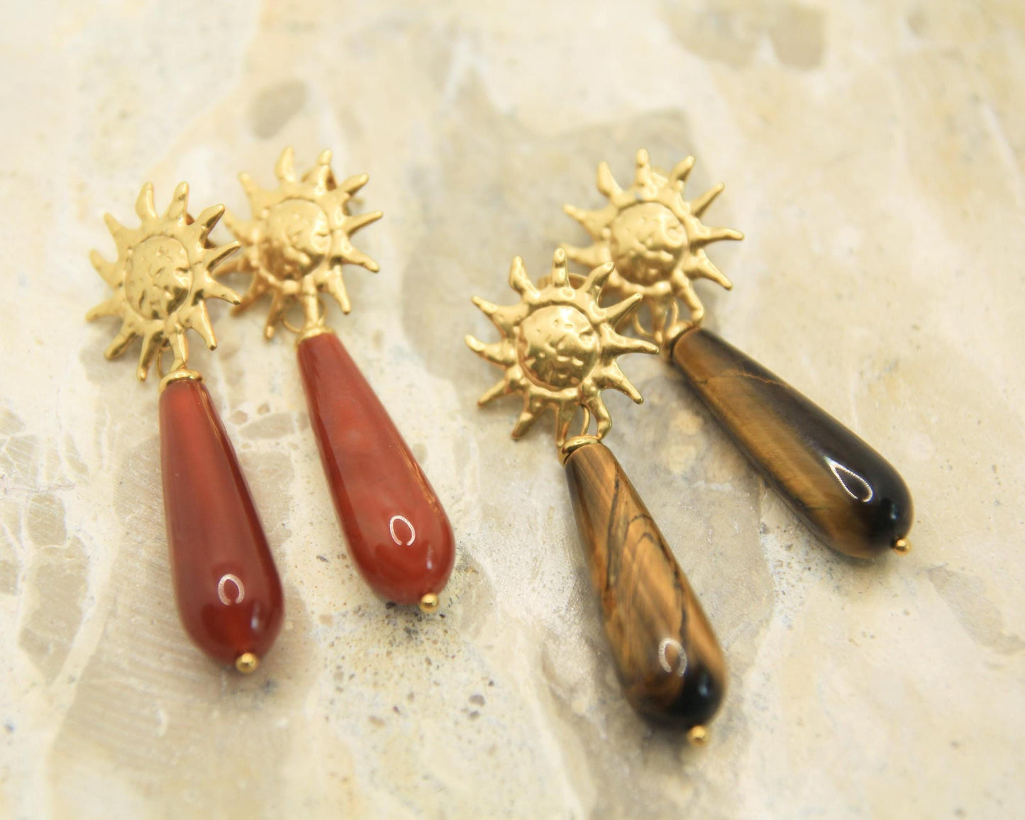 Sun Gemstone Drop Earrings • Gold Statement Studs • Waterproof Stainless Steel • Choose Your Stone • Celestial Earrings