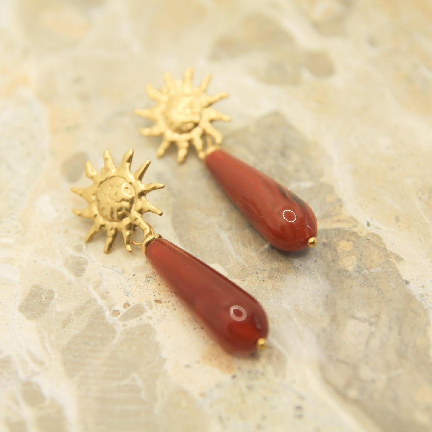 Sun Gemstone Drop Earrings • Gold Statement Studs • Waterproof Stainless Steel • Choose Your Stone • Celestial Earrings