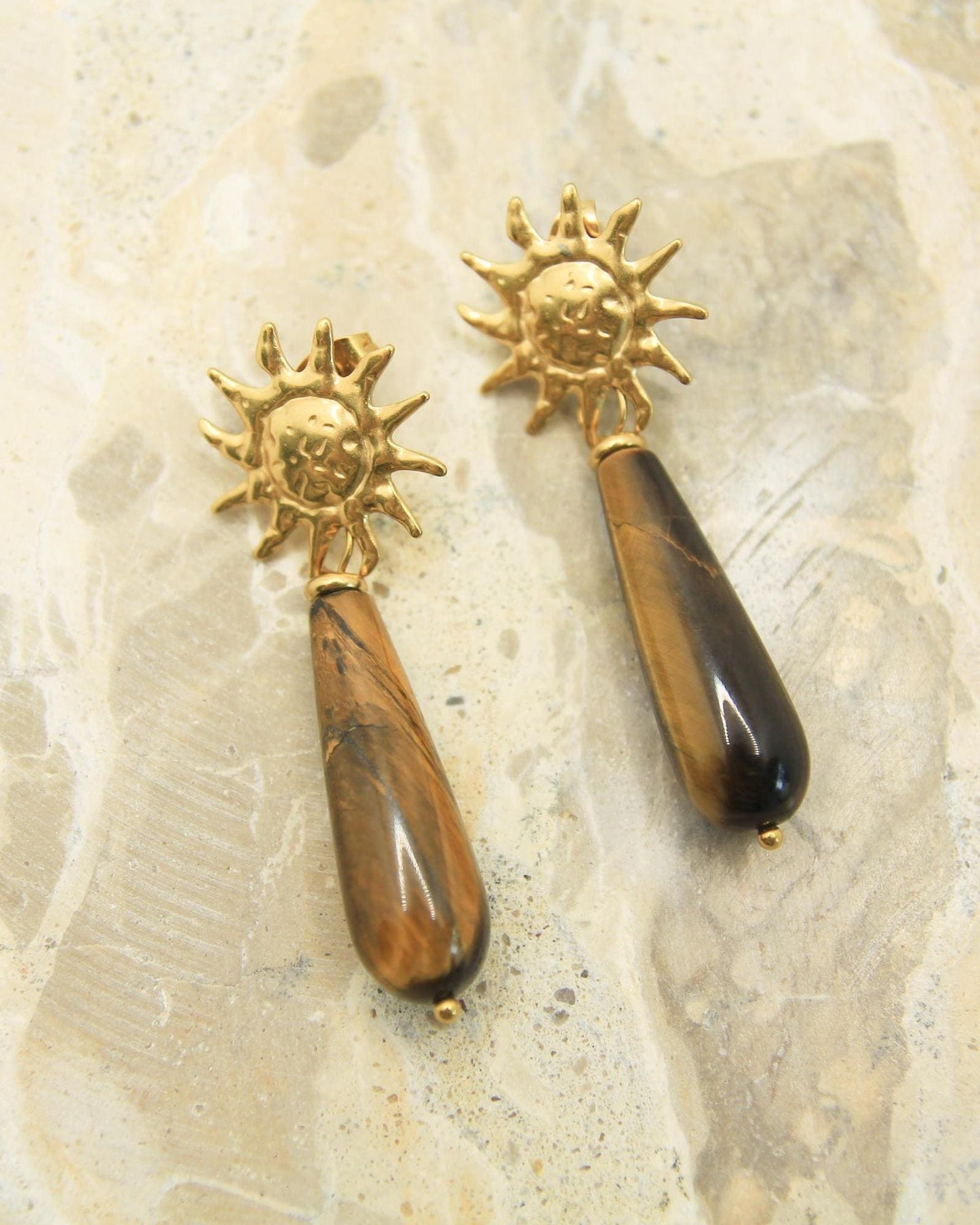 Sun Gemstone Drop Earrings • Gold Statement Studs • Waterproof Stainless Steel • Choose Your Stone • Celestial Earrings