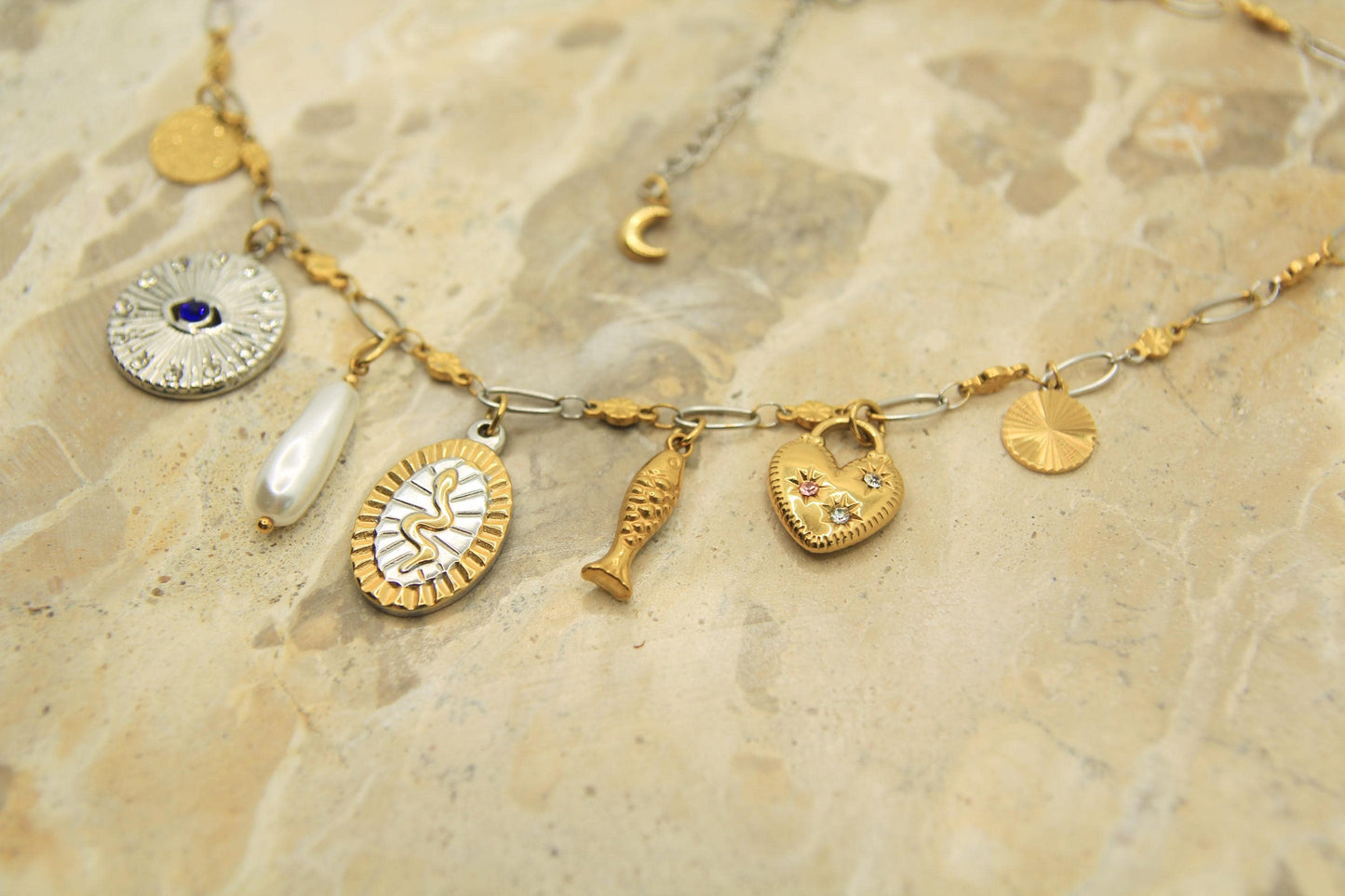 Mixed Metal Two Tone Charm Necklace: Eye, Heart, Moon, Fish, Snake, Pearl | Handmade Stainless Steel