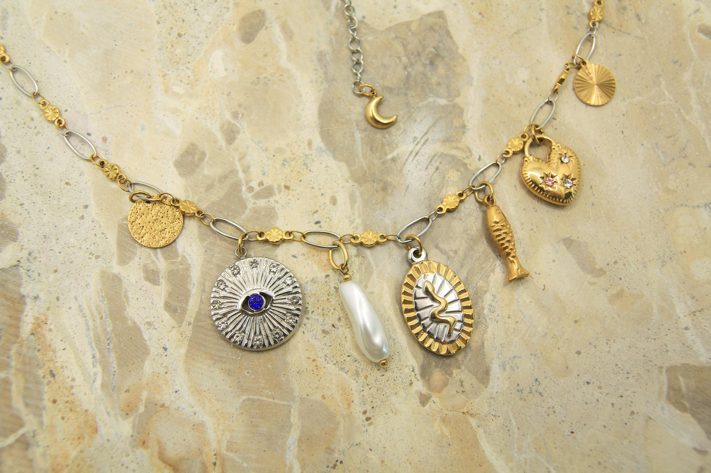 Mixed Metal Two Tone Charm Necklace: Eye, Heart, Moon, Fish, Snake, Pearl | Handmade Stainless Steel