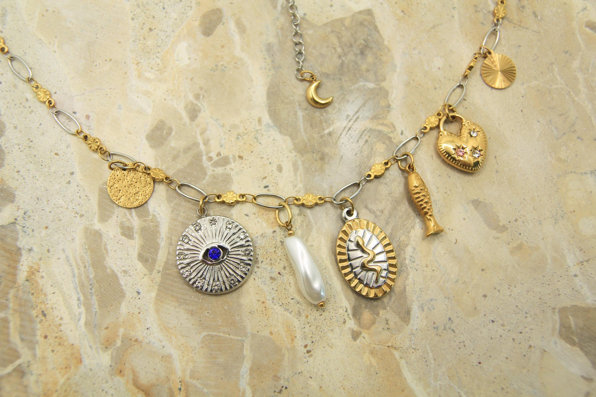Mixed Metal Two Tone Charm Necklace: Eye, Heart, Moon, Fish, Snake, Pearl | Handmade Stainless Steel