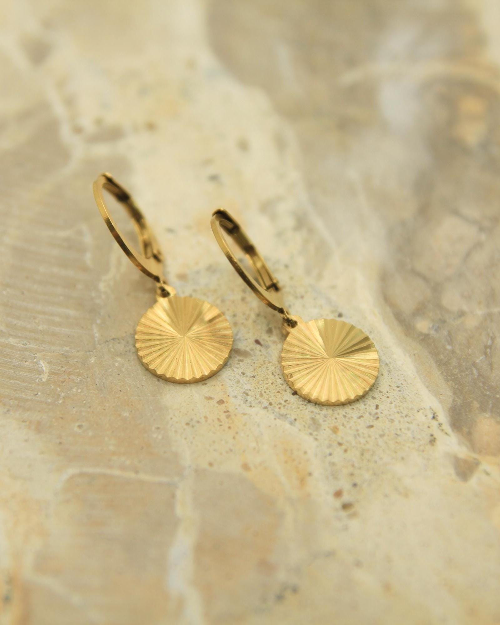 Sunburst Disc Earrings Gold • Starburst Coin Lever Back • Waterproof Stainless Steel • Hypoallergenic Hooks