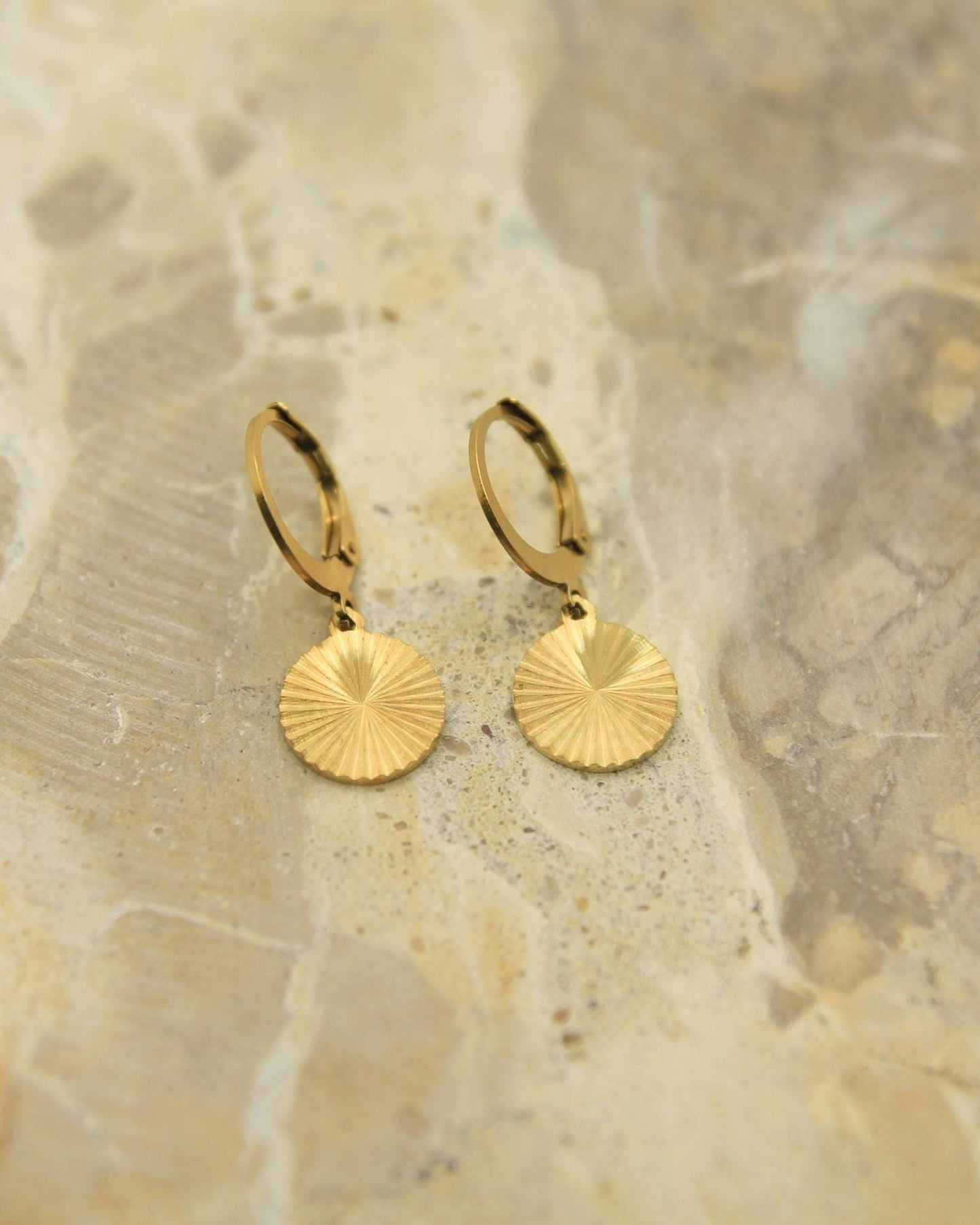 Sunburst Disc Earrings Gold • Starburst Coin Lever Back • Waterproof Stainless Steel • Hypoallergenic Hooks